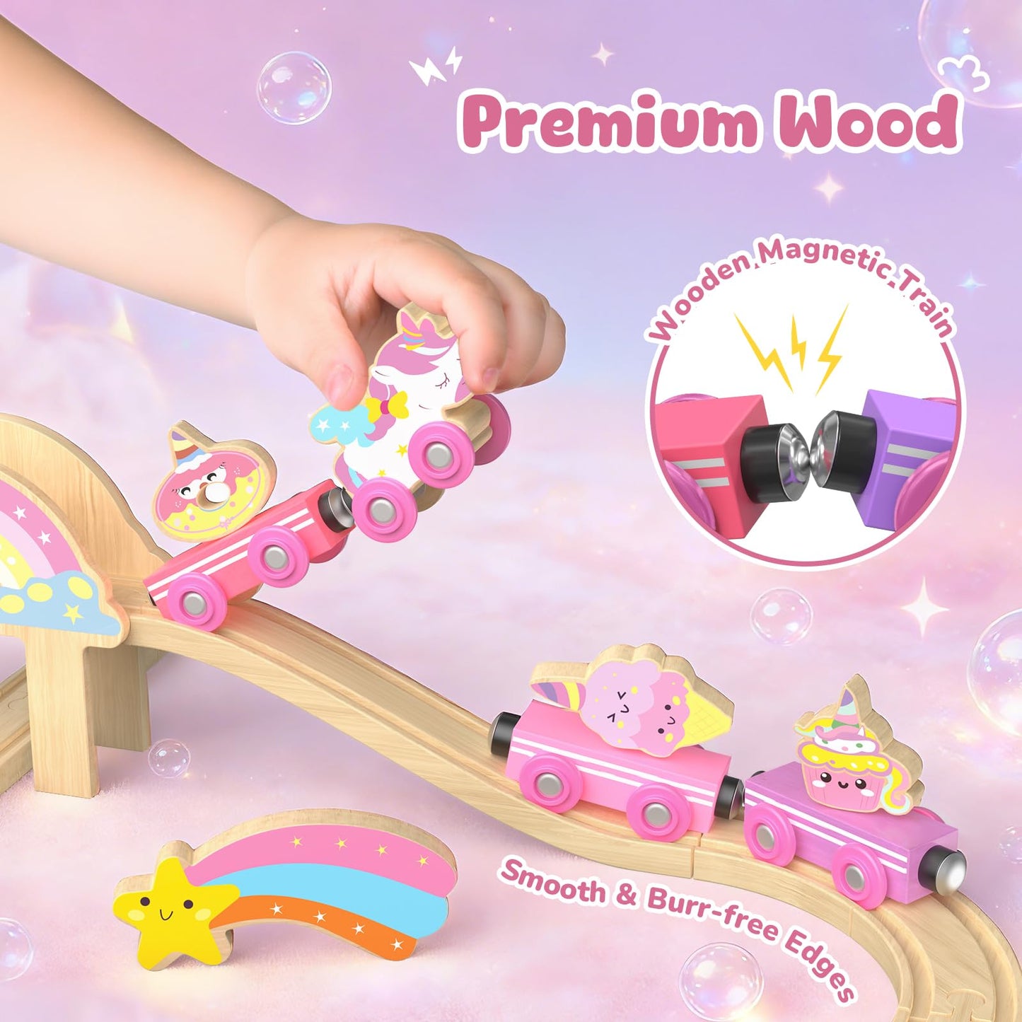 Hot Bee Wooden Train Set for Toddlers 2-4, 38-Piece Unicorn Train Set for Girls, Pink Wooden Train Track Set with Fairies & Unicorns, Girl Train Set Birthday Gifts for 2 3 4 5 Year Old Girls
