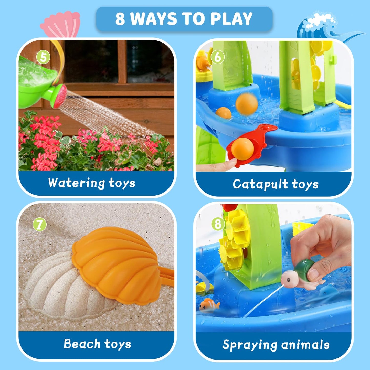 YAZ&OUZ Water Table for Toddlers 1-3, 3-Tier Kids Water Table, Water Tables for Toddlers 3-5 Features Swimming Crabs & Dolphins, Rain Showers Splash Pond, Activity Sensory Play Table for Boys Girls