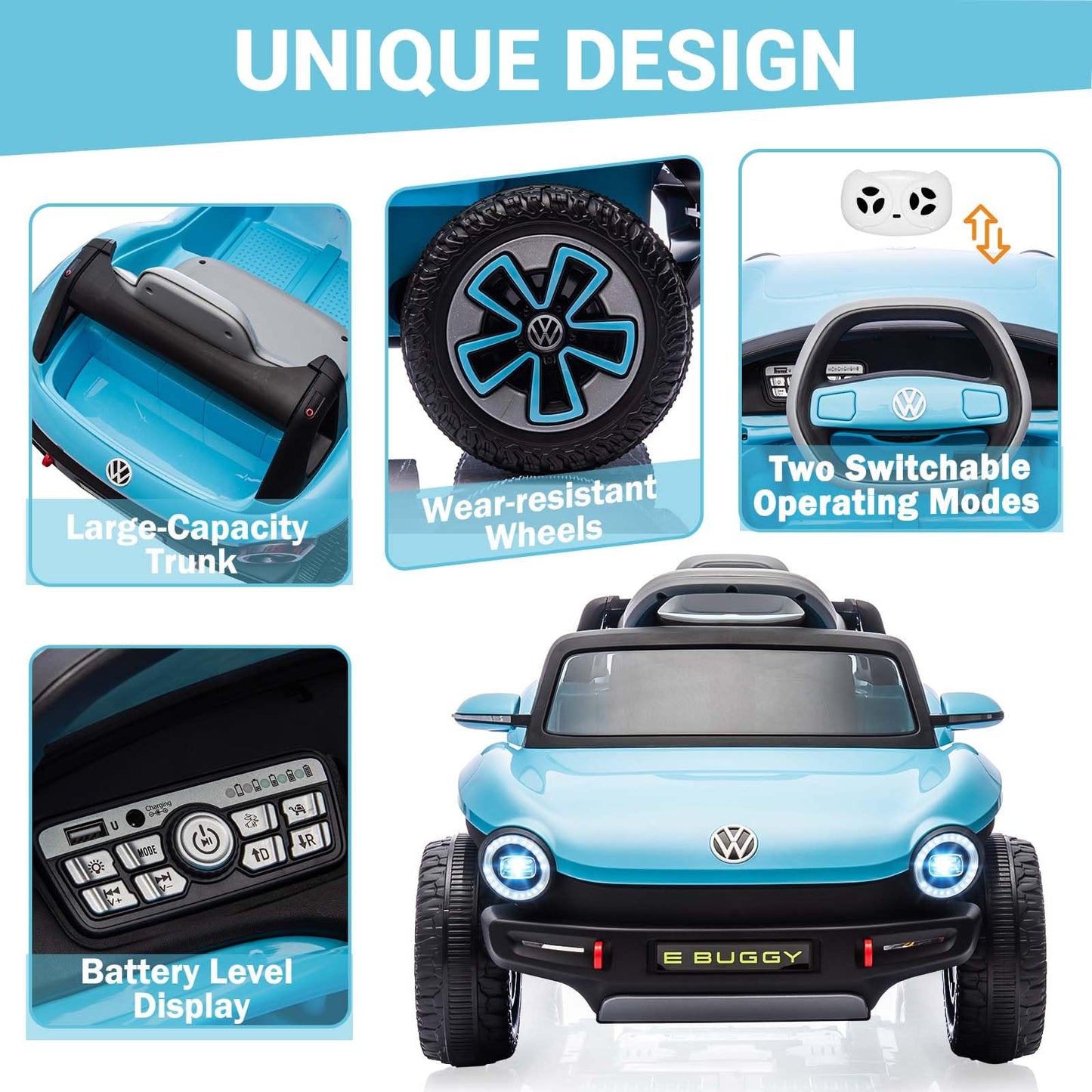 GarveeLife 12V Kids Ride On Car Licensed Volkswagen Beetle Electric Ride On Toy for Toddlers 4 Wheeler Vehicle with Parental Remote, Battery Level Display, LED Lights, USB, Horn, Music, Blue