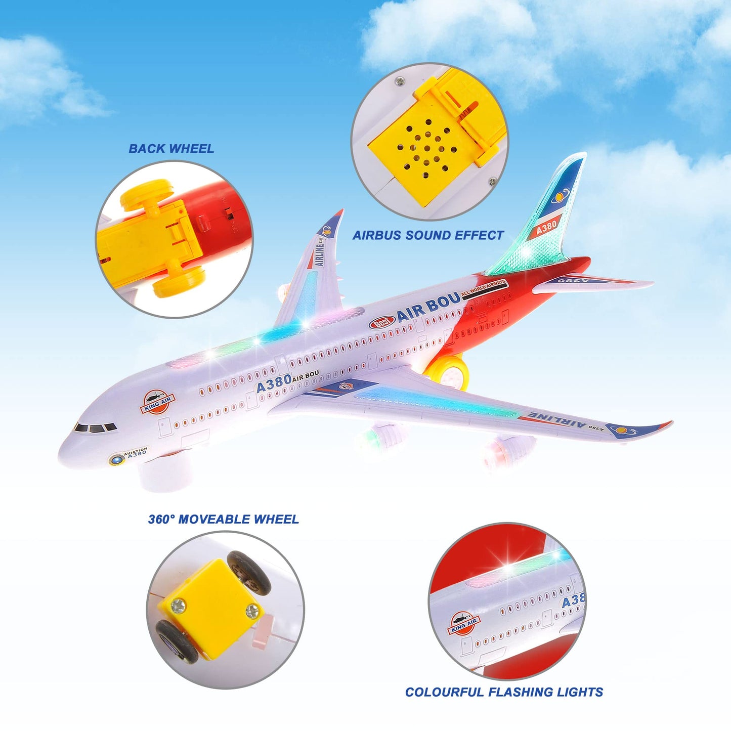 PowerTRC Kids Airplane Toys, Bump & Go Action Toddler Toy Airplane with LED Flashing Light, Music, Airplane Sound, Great Gift for Boys Girls Ages 3-12
