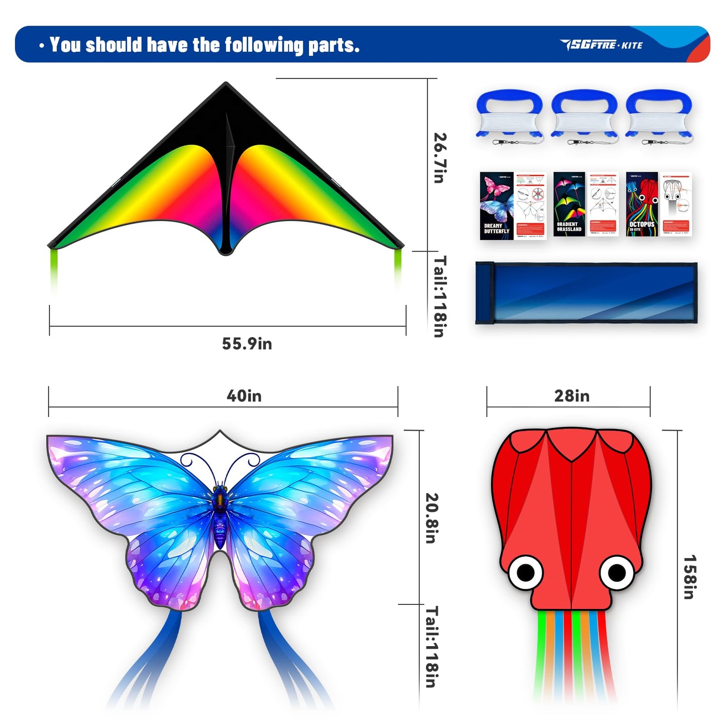 SGftre 3 Piece Set Butterfly Delta Octopus Kites for Kids and Adults，Easy to Fly for Outdoor Adults Children Line Kite for Kids Toy (Gradient Grassland Rainbow+Octopus Red+Blue Dreamy Butterfly, 3)