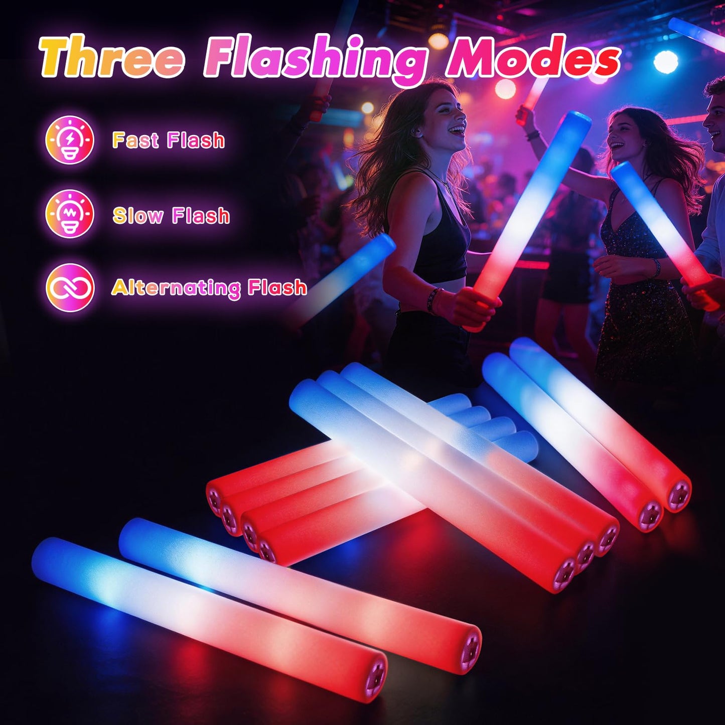 OLUPP 58 Pcs July 4th Glow Sticks, Foam Glow Sticks for 4th July, Red White Blue Glow in the Dark for Kids & Adults, Patriotic LED Light Up Supplies for Independence Day, Party Favors