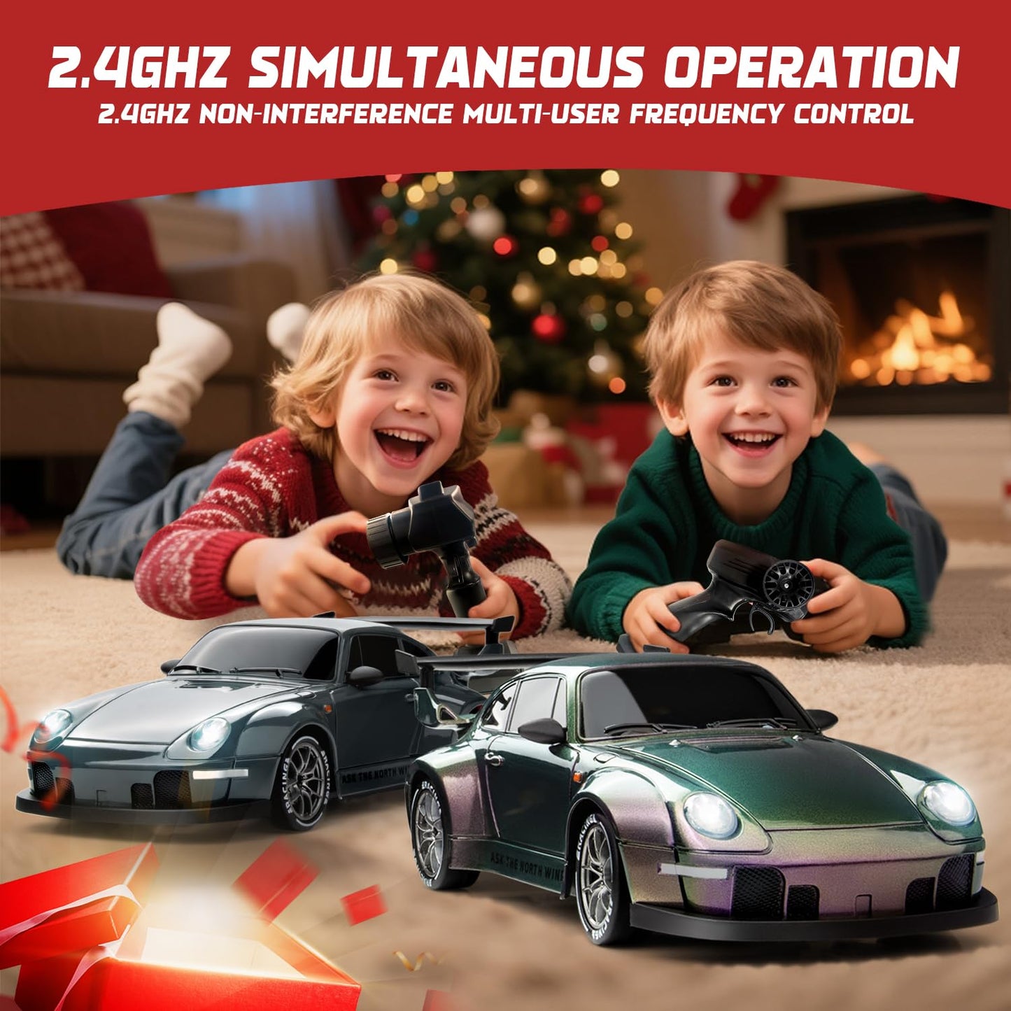 RC Drift Car, 1:24 Scale Remote Control Vehicle with LED Lights, 2.4GHz 20KM/H 4WD High Speed RC Cars, Drifting Tires＆Two Batteries, Racing Sports Toy Idea Gift for Adults Boys Girls and Kids