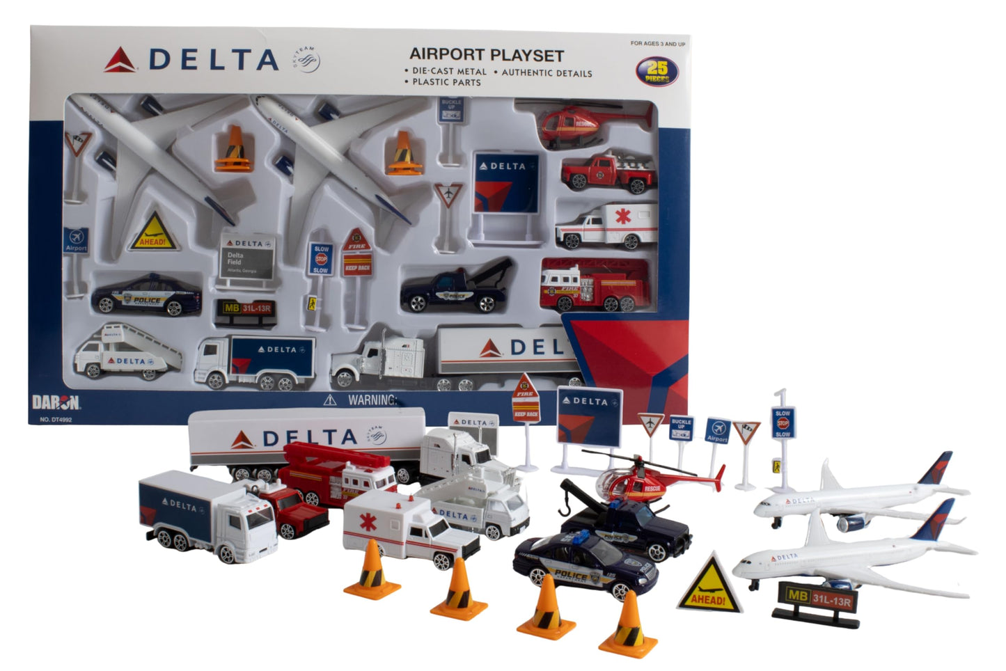 Daron Delta Airport 25-Piece Die-Cast Metal and Plastic Airplanes, Vehicles, and Accessories Playset Toy and Collectible for Ages 3+