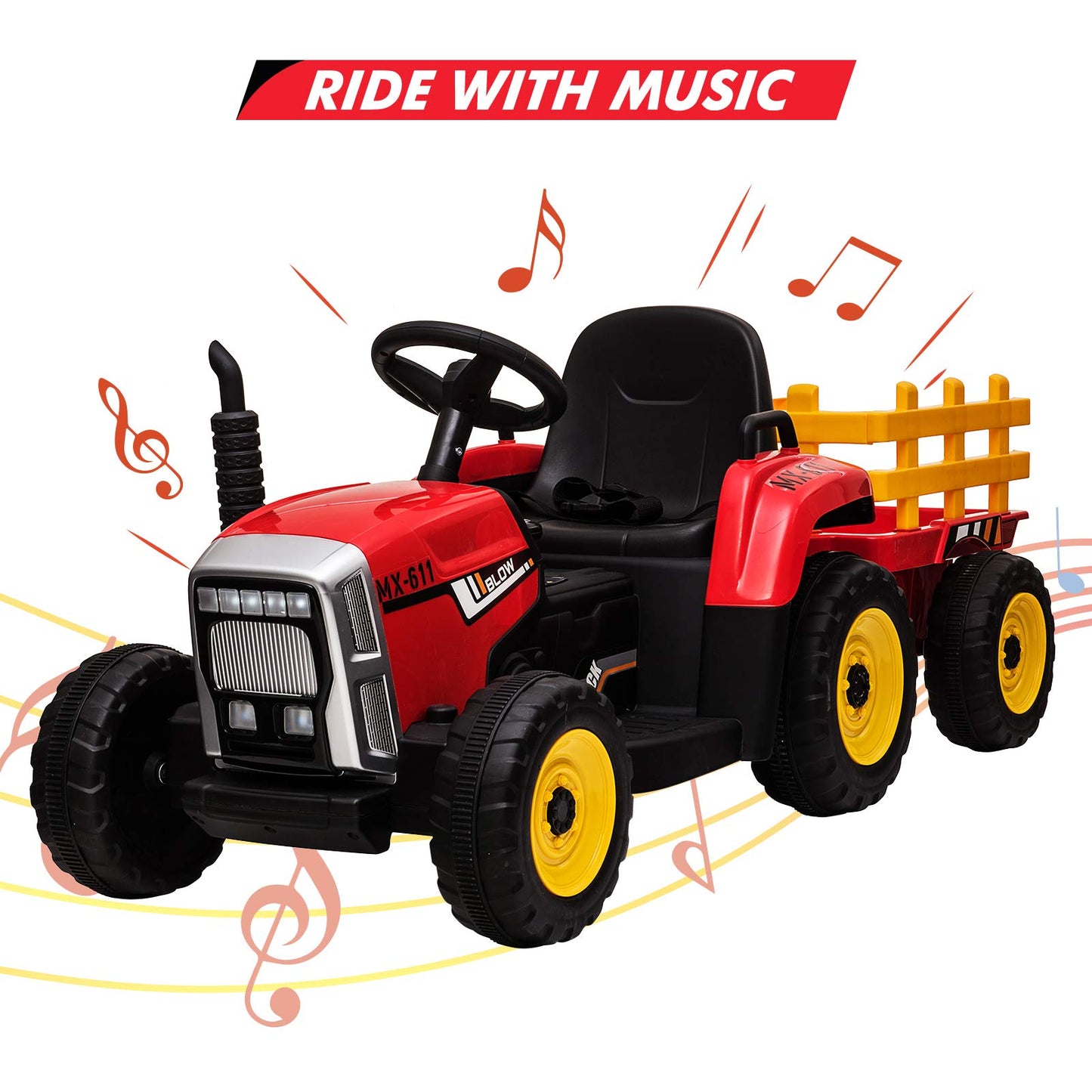 Nasitip 12V Kids Battery Powered Electric Tractor with Trailer, Toddler Ride On Car w/Remote Control/ 7-LED Headlights/ 2+1 Gear Shift/Horn/ MP3 Player/USB Port (RED, 25W/ Tread Tire)