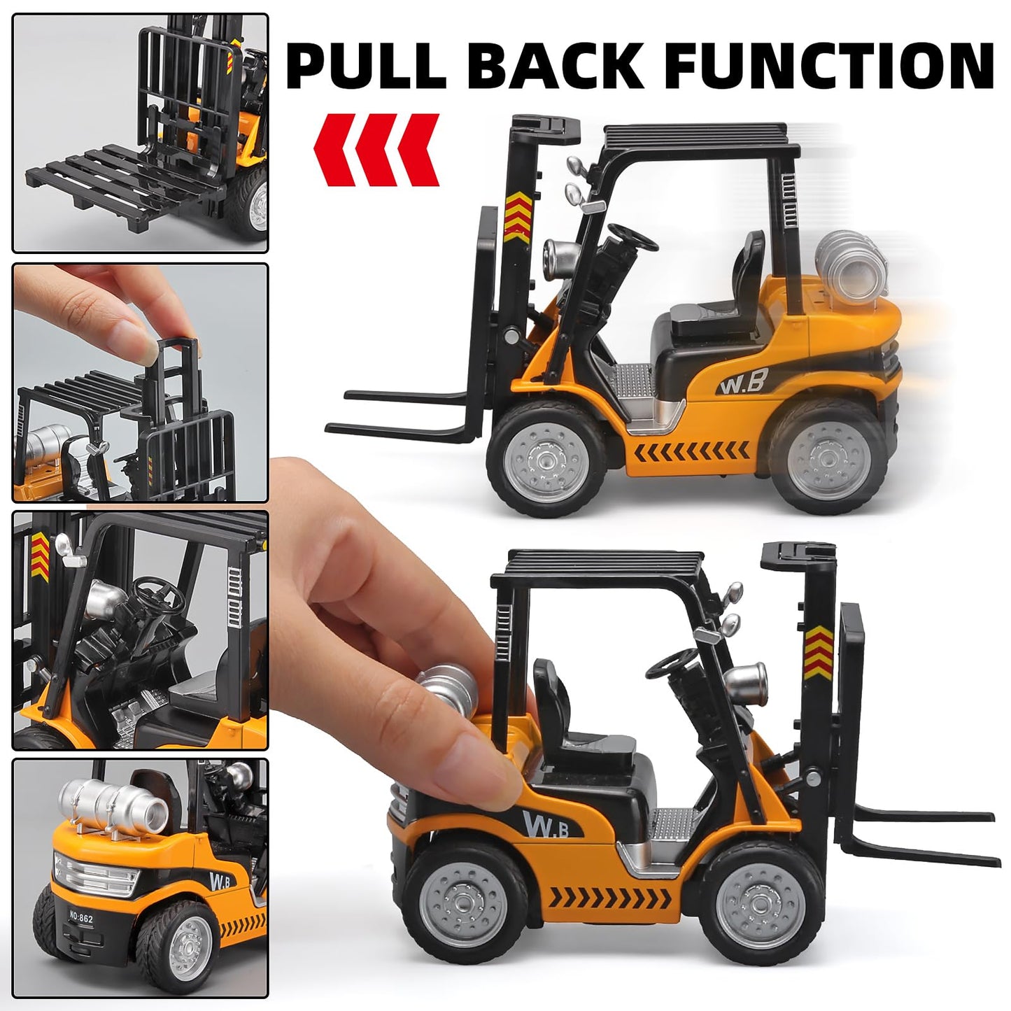 NOVAFUSION Forklift Toys for Kids Construction Truck Forklift,Metal DieCast Forklift Toy,Pull Back Fork Lift Toy with Lights and Sounds,Toy Forklift with Liftable Design,Forklift for Kids Age 3 and Up