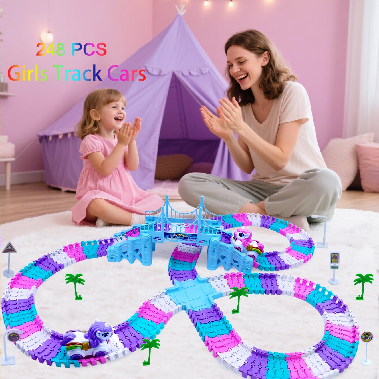 Tracks Car Toys Set for 2 3 4 5 6 7 Year Girl Toddler, 248 PCS Pink Magic Bendable Race Track Toy with 1Unicorn Car Toy and 1 Pink Train, Birthday Gift Idea for Kid