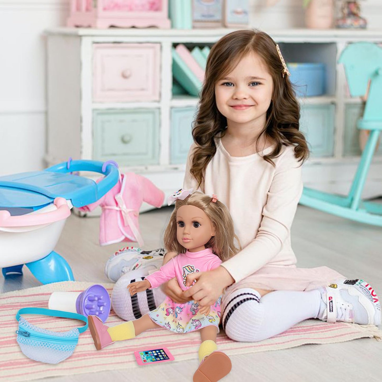 Ecore Fun 18 Inch Girl Doll with Clothes Accessories, Fashion Doll with Styling Brown Hair, Unicorn Hair Clip, Phone, Bag, Outfit & Shoes, Gift Ready for Birthday & Pretend Play