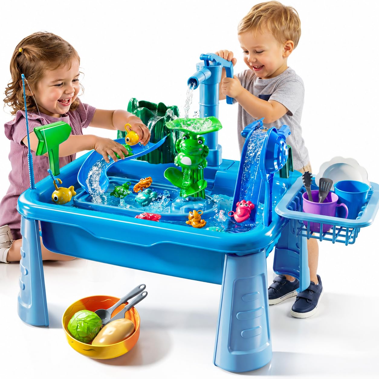 KIZONLY Water Table for Toddlers 1-3- Kids Play Sink with Pump and Running Water, Water Table for Kids Ages 4-8 with Fishing Games, Summer Outside Sensory Gift Toys for Boys and Girls 2 3 4 5 6 7 8