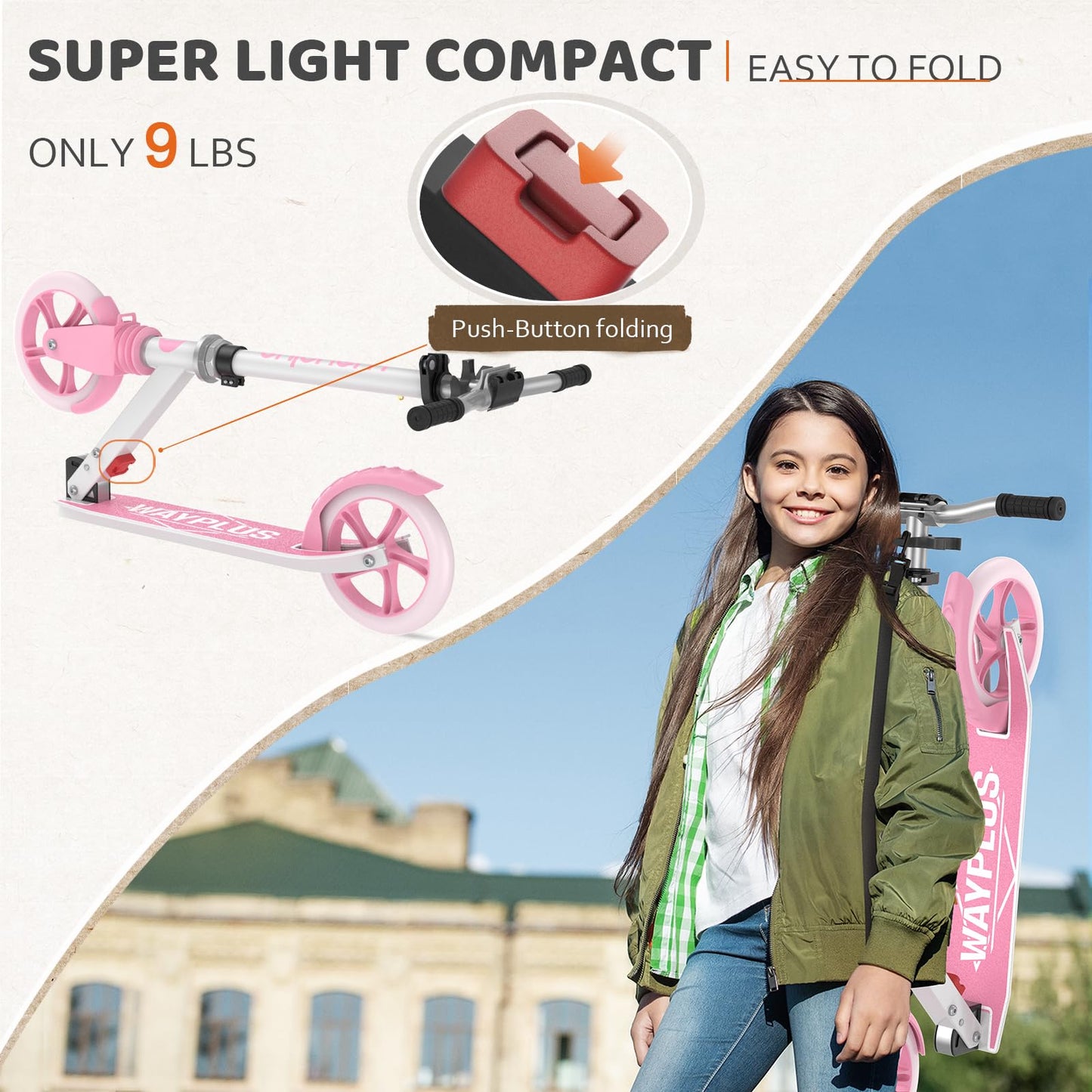 WAYPLUS Kick Scooter for Ages 6+,Kid, Teens & Adults. Max Load 240 LBS. Foldable, Lightweight, 8IN Big Wheels for Kids, Teen and Adults, 4 Adjustable Levels. Bearing ABEC9