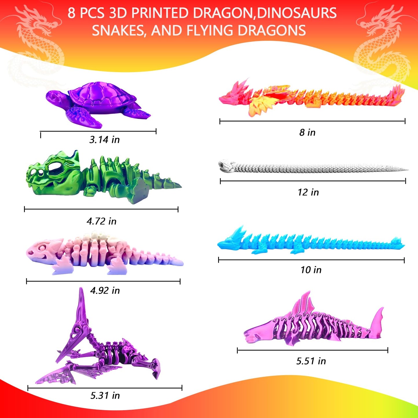 TJYZGXQ 8pcs 3D Printed Dinosaur, Snake Turtle Pterosaur T-Rex Fidget Toys,Crystal Dragon Flying Dragon，Desk Executive Toy，Easter,Toys for Boys Kids Teen 5-7 4-6 8-12