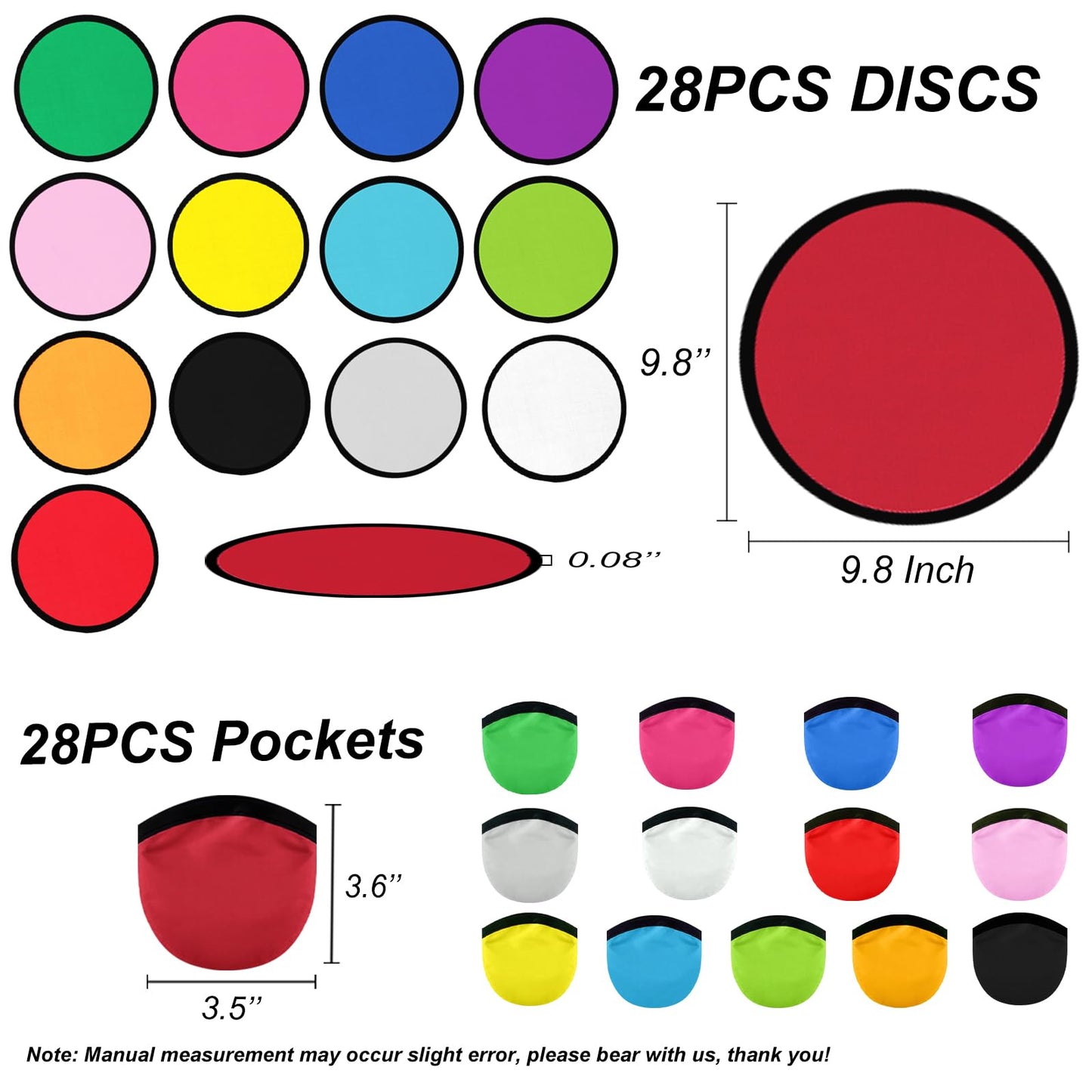 YEAHACLUB 28PCS Foldable Flying Disc Fans with Bags, 9.8'' DIY Handheld Black Egde Fabric Folding Fan for Outdoor Game Activities Birthday Party Favors Gifts, 14 Colors