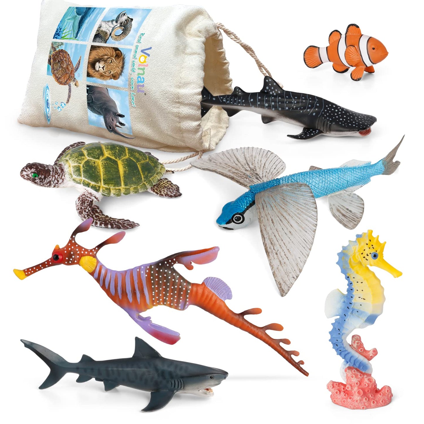 Volnau Sea Creature Toys Figures 7PCS Indian Ocean Shark Animal Figurines for Toddlers Kids Christmas Decoration Gift Plastic Fish Preschool Pack and Bath Set