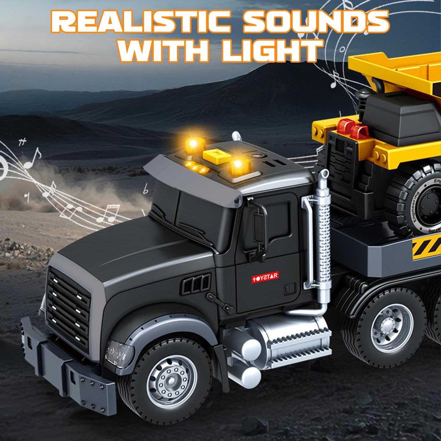 Construction Carrier Truck Toys,21" Semi-Trailer Toy with Excavator and Dump Toddler Boy Toys for 3 4 5 6 7 Years Kids Friction Powered Vehicle Car Toy with Lights & Sounds, Birthday for Boys Girls