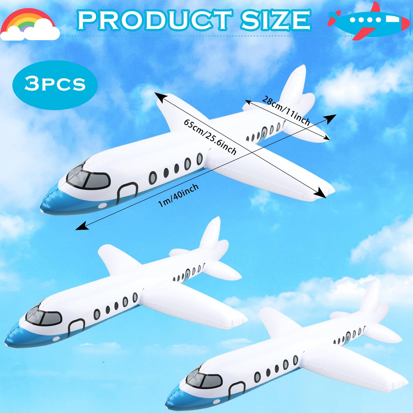 3 Pcs 40 Inch White Large Inflatable Airplane Blow Up Airplane Balloon Plane Inflated Toys for Birthday Party Shower Outdoor Swimming Pool Decorations