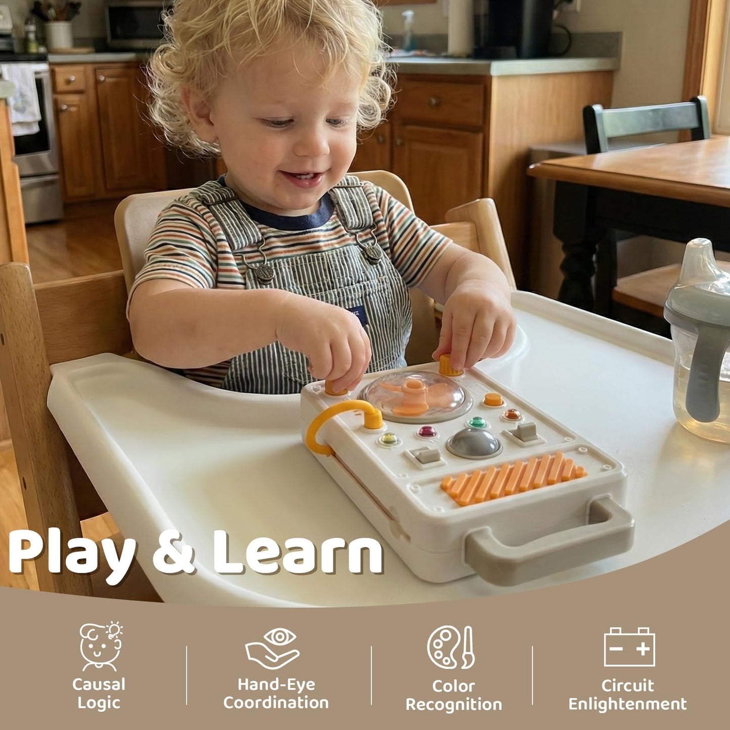 SOCBTNSO Montessori Busy Board for 1+ Year Old - Electronic Light & Activity with Buttons, Switches, Fan & Rotating Knobs | Sensory Learning Travel Toys & Gifts for Toddler Boy/Girl Age 1 2 3
