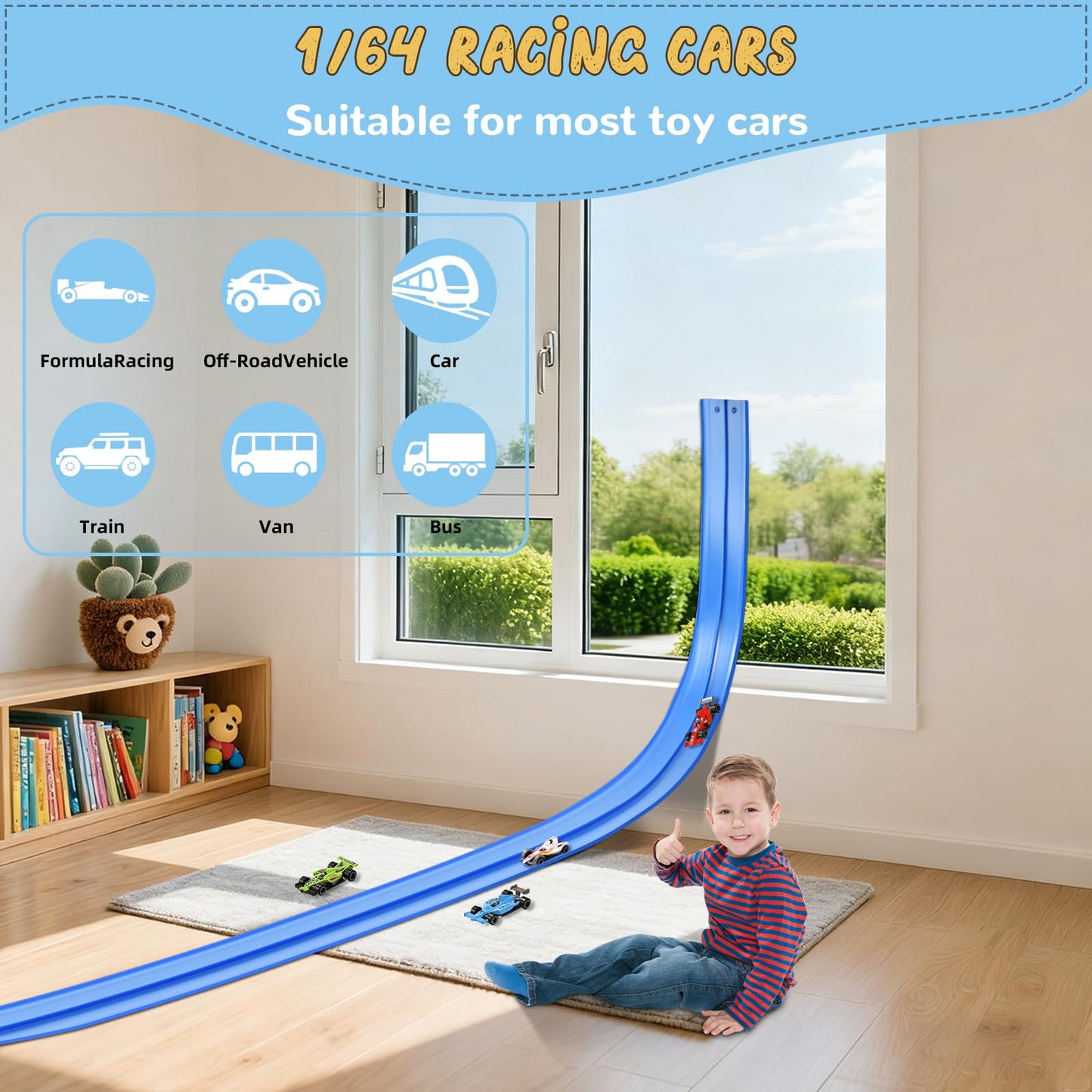 Flex Race Car Track 15 Ft for Kids 14+ Toys, with 4 Small Racecars, Suitable for Hot Wheels and Diecast 1/64th Cars, Rolls Up Race Tracks with Strong Suction Cups