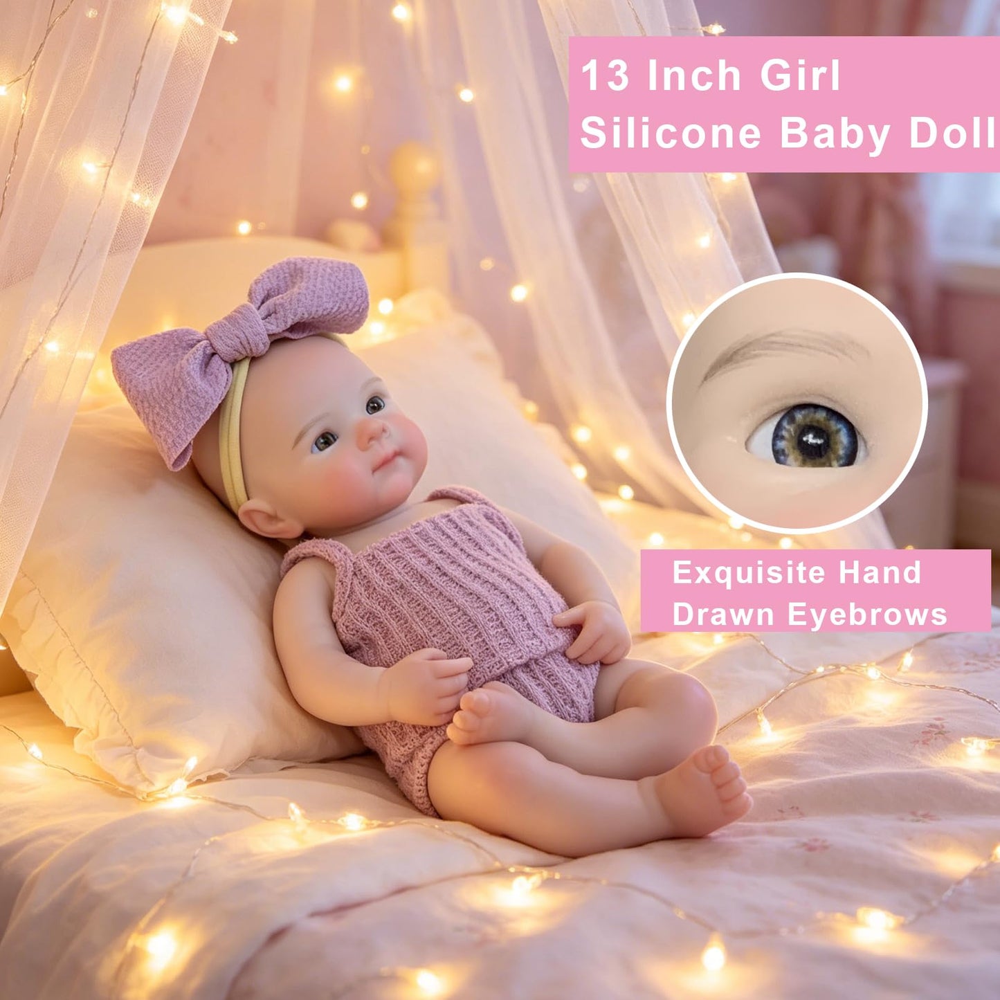 Yokyyi Reborn Baby Dolls Silicone Full Body 13 Inch Bettie Full Silicone Baby Doll Anatomically Correct that Realistic Soft Silicone Doll with Dark Pink Bow Dress