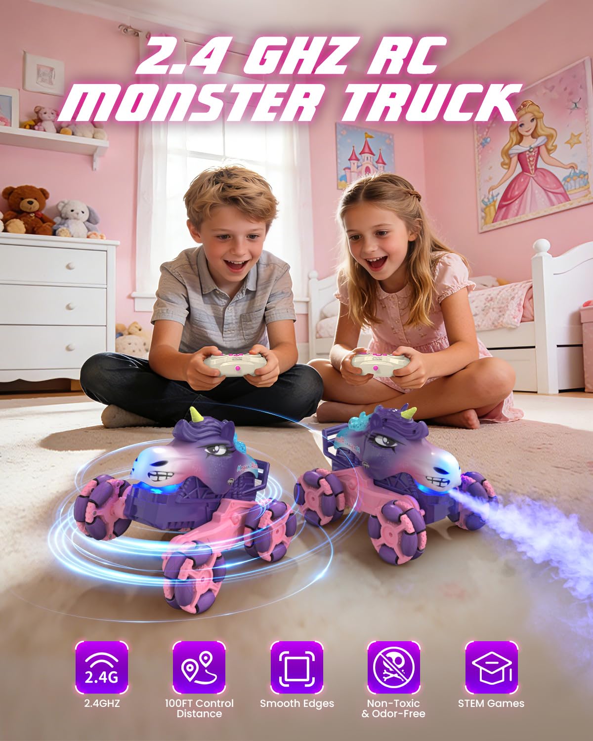 MAGTHIC Remote Control Car 1:18 Pink Unicorn Monster Truck 360° Spin-Dance Light Music with Spray, 2.4 GHz 4WD 120 Min Runtime Off-Road for Indoor & Outdoor Fun Toy Birthday Gifts for Girls Age 3+