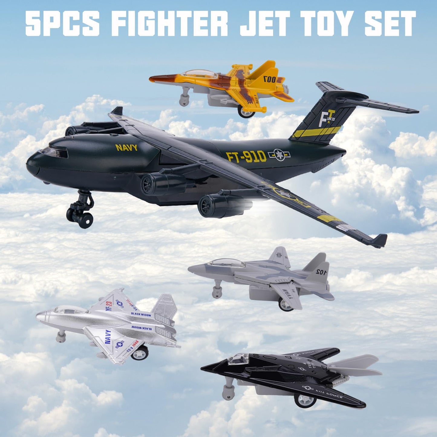 Crelloci 5 Pack Army Navy Airplane Toys Set with Light & Sounds, Military Fighter Jet Die Cast Plane Metal Aircraft Toy, Pull Back Aircraft Gift for Kids Toddlers Boys Girls Ages 3+