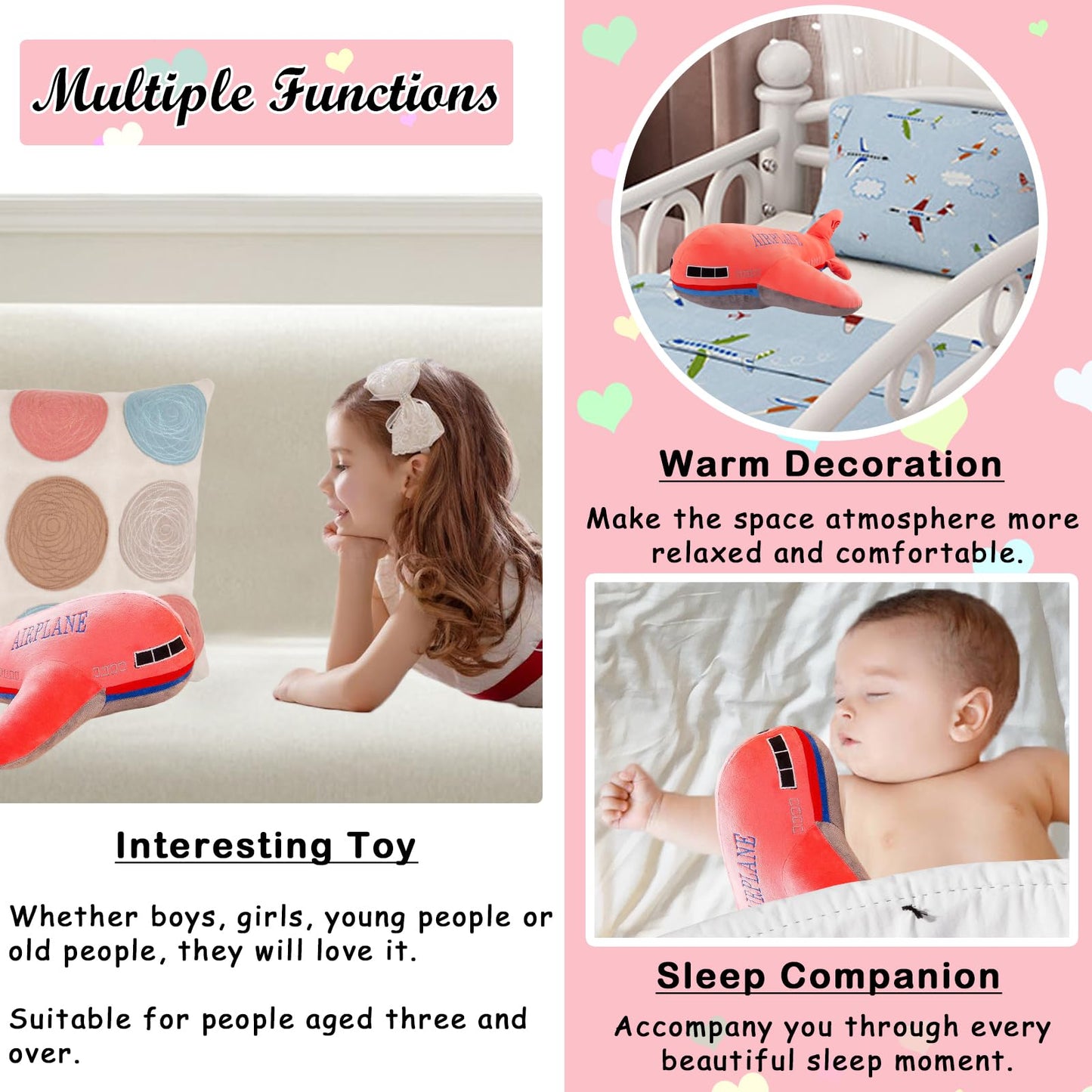 zhidiloveyou 15.7" Airplane Plush Red Stuffed Plane Toy Aircraft Hug Pillow Gifts for Kids