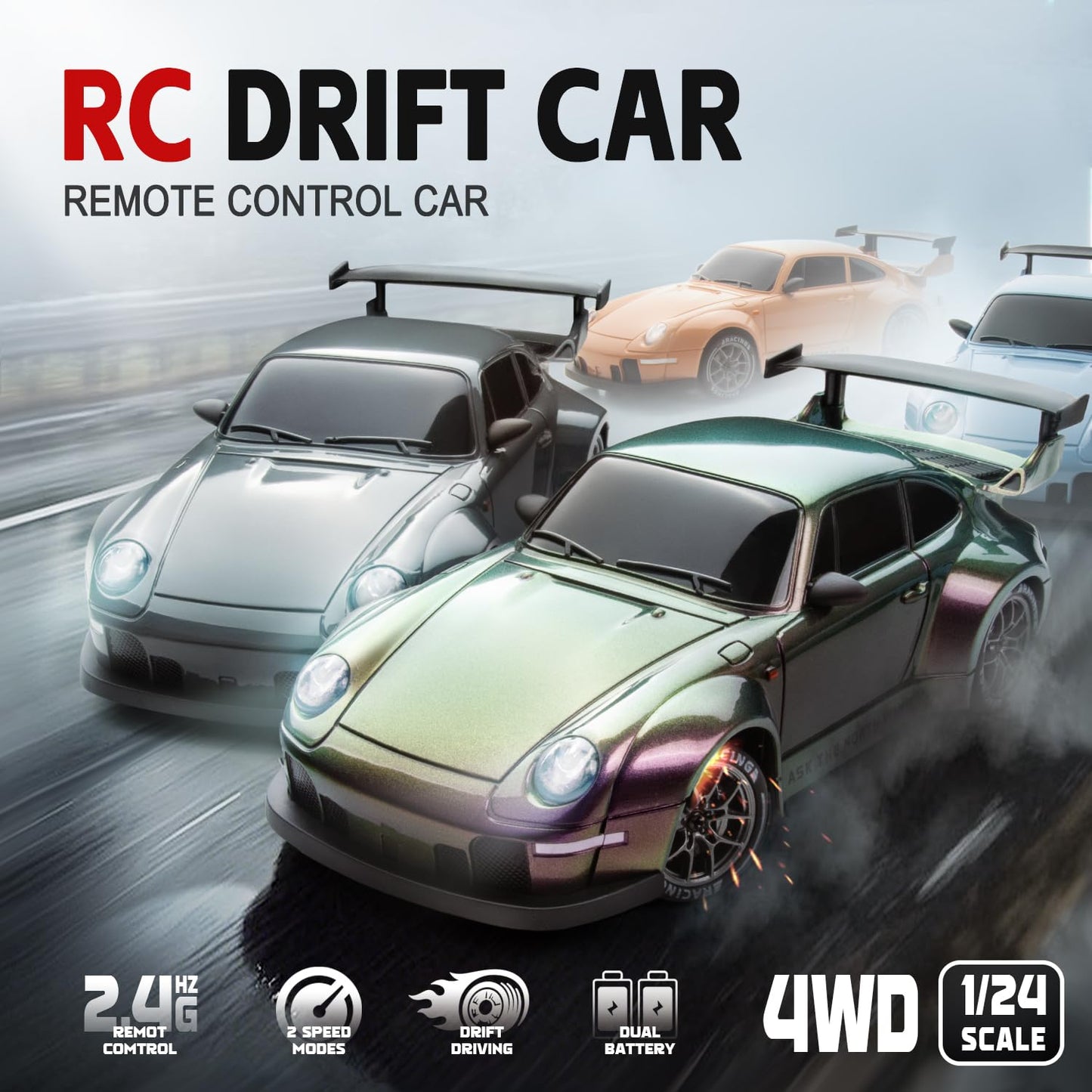 RC Drift Car, 1:24 Scale Remote Control Vehicle with LED Lights, 2.4GHz 20KM/H 4WD High Speed RC Cars, Drifting Tires＆Two Batteries, Racing Sports Toy Idea Gift for Adults Boys Girls and Kids