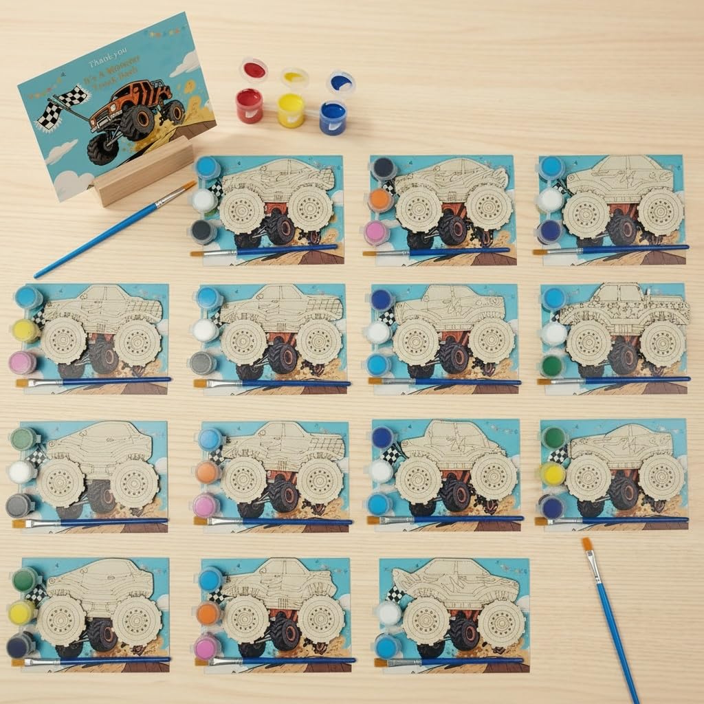 WORGO 24 PCS Monster Truck Party Favors, DIY Painting Kits with 6 Unique Wooden Trucks, Crafts for Kids Ages 4-8 Birthday Party Interactive Game and Goodie Bag Fillers
