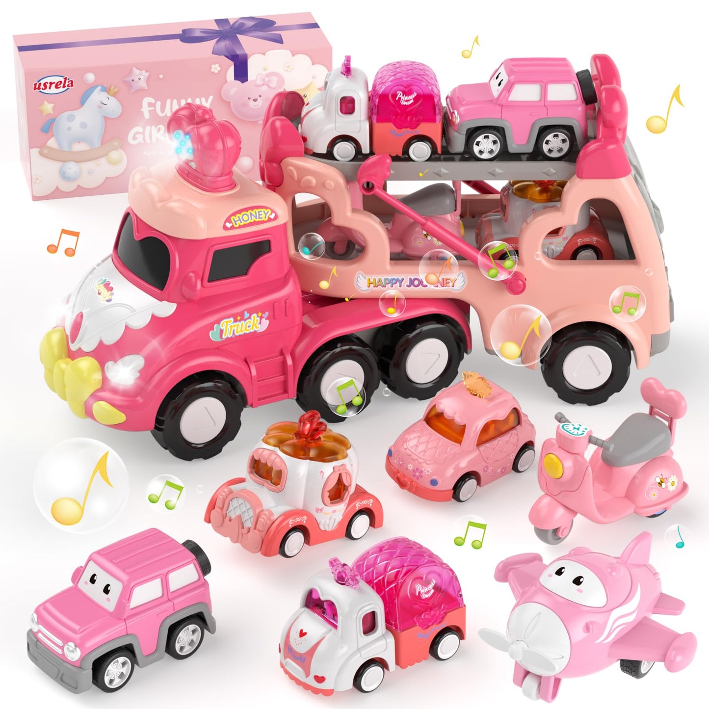 Toddler Girl Truck Toys for 2 3 Year Old Girl Birthday Gifts, 7-in-1 Pink Princess Car Transport Carrier Trucks for Toddlers 2-4, Friction Power Toy Cars with Lights & Music, My daughter First Gift