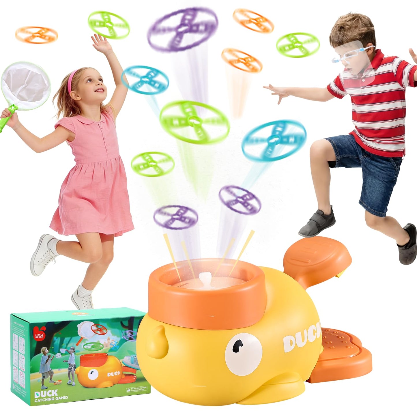 Duck Flying Disc Launcher for Kids: 12 Piece Flying Discs Launcher Throw and Chasing Catching Games - Outside Toys Kids Ages 3-5 6-8 Boys Girls Family Courtyard - Birthday Party Gift for Kids