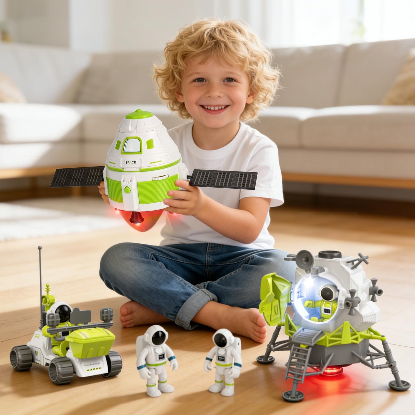 AuntyFey Space Rocket Ship Toys for Kids, Space Toys Shuttle for Kids 3-5-7 with 3 Astronaut Figures, Spaceship with Glowing & Sound Effect, Educational Stem Gift for Boy Girl