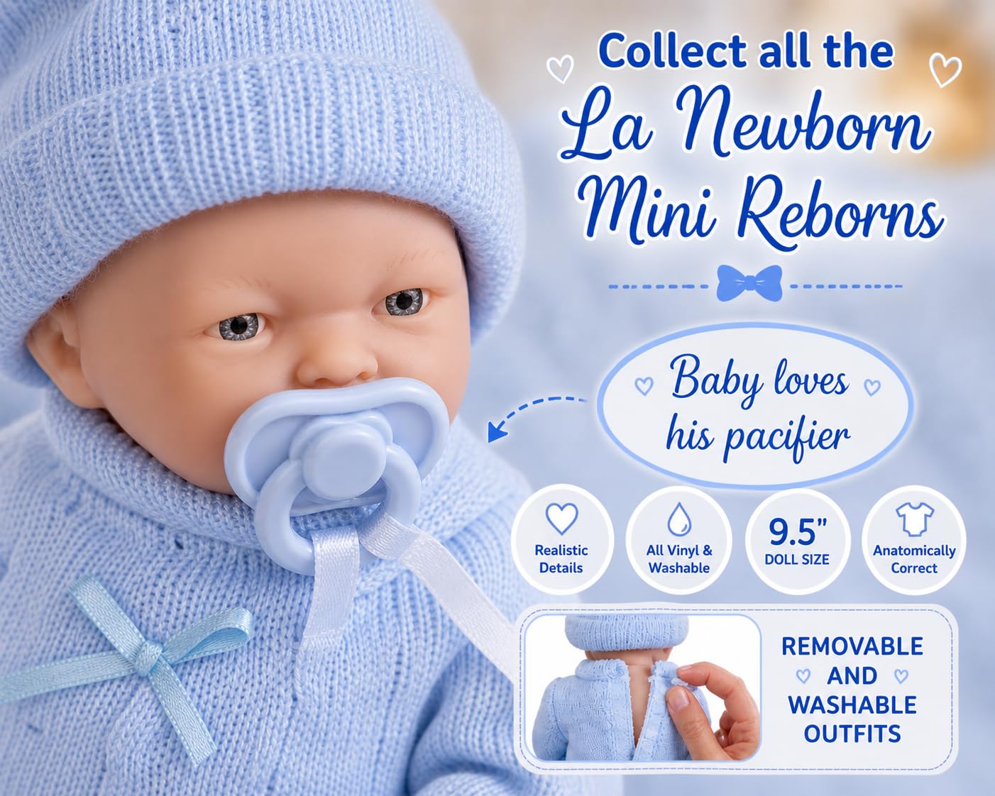 JC Toys - Mini La Newborn First Day | Anatomically Correct Real Boy Baby Doll | 9.5" All-Vinyl | Includes Knit Outfit, Hat and Pacifier | Designed by Berenguer | Ages 2+