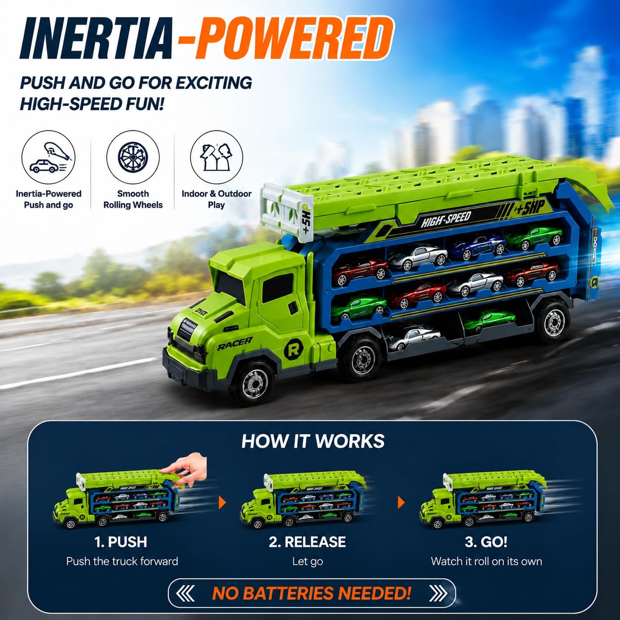 Unimoly Carrier Truck Transport Toy, Foldable 2-Layer Car Race Track Playset with 33" Track & 6 Metal Cars, Birthday Gift for Boys Ages 3-8 (Green)