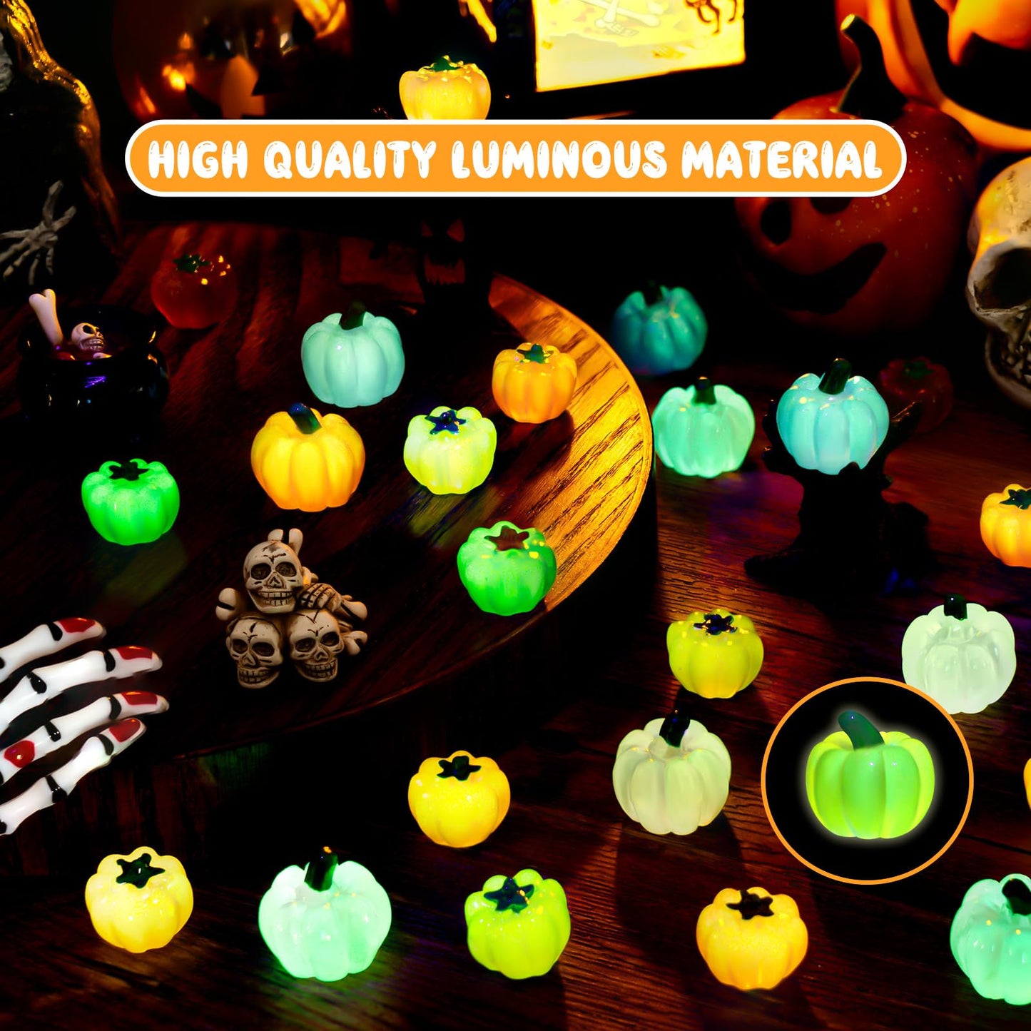 184PCS Halloween Luminous Mini Resin Pumpkins Miniature Pumpkin Figurines Glow in Dark Tiny Pumpkins Bulk for Thanksgiving Fall Halloween Party Cupcake Decor Craft DIY (Size Mixed)
