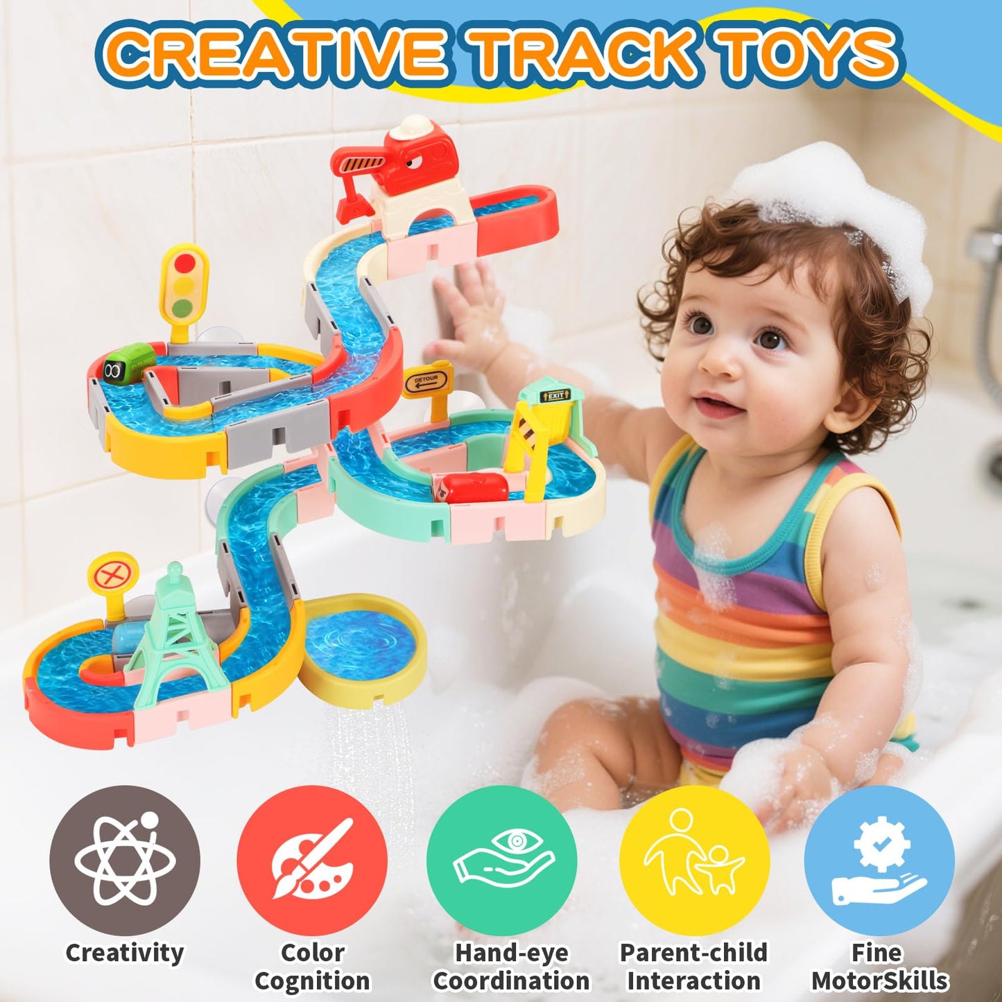 Kids Bath Toys for Kids Ages 4-8 3-5 with Magnetic Car Bath Toys Mold Free & DIY Slides Tracks Bathtub Shower Toys Birthday Gifts for Toddlers 2-4 5 6 7 8 Year Old Boys Girls (47 PCS)