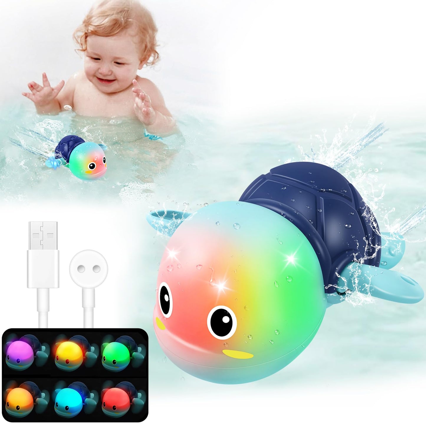 Electric Swimming Turtle Bath Toys - Automatic Swimming with Colorful LED Lights, Rechargeable Light Up Water Pool Floating Toys for Toddlers Kids Ages 1-3 4-8 Year Old Boy Girl