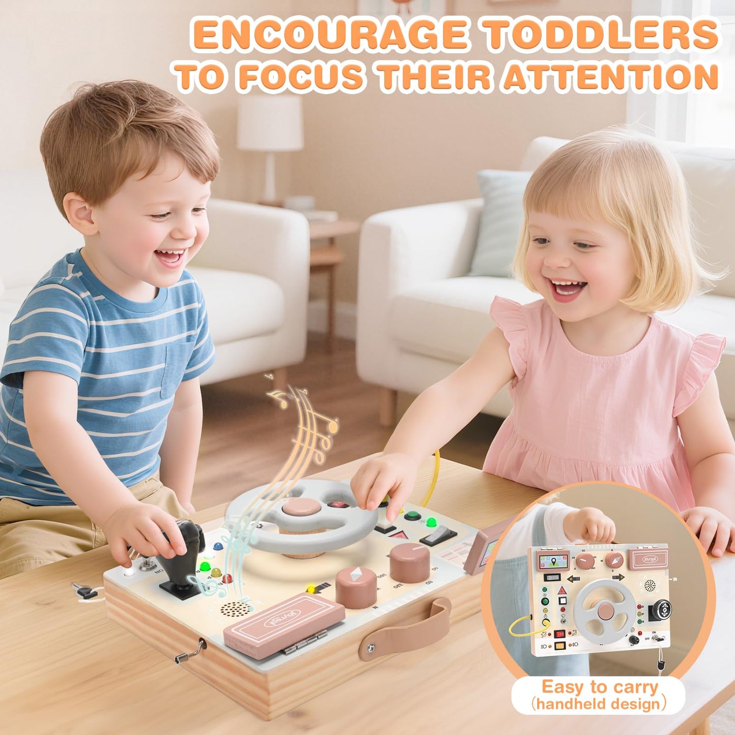 Joyreal Montessori Toddler Busy Board - Montessori Toys for 1 2 3 Years Old, Wooden Sensory Board with LED Lights, Steering Wheel, Music Player, Travel Toys for 1+ Year Old Boy & Girl Birthday Gift
