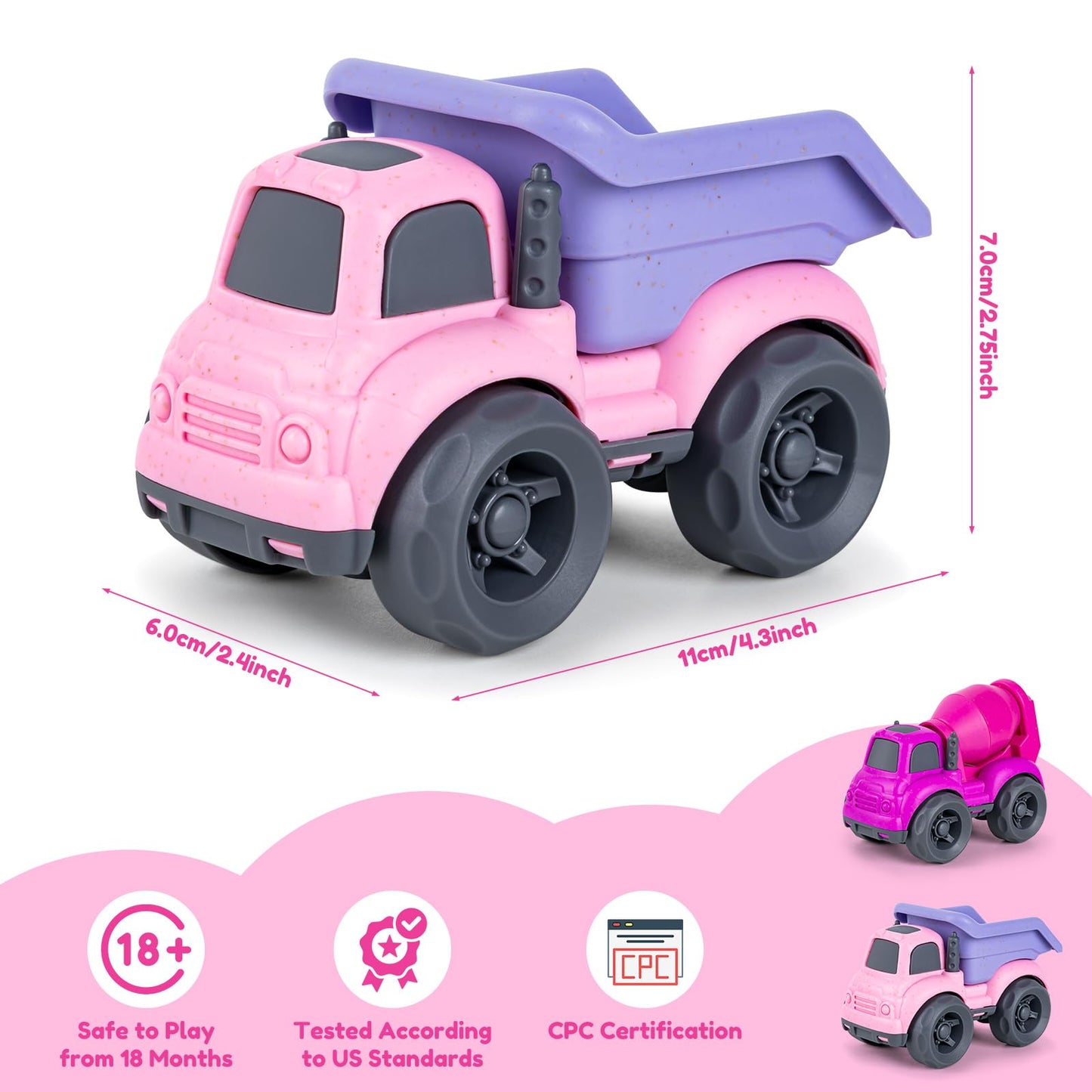 Aigitoy Dump Truck Toys for 3 Year Old Boys, BPA Free, Phthalates Free, PVC, Dump Truck, Mixer Cement, Easter Christmas Birthday Gifts for 2 3 4 Year Boy Girl. Dishwasher Safe,Recycled Plastic (Pink)