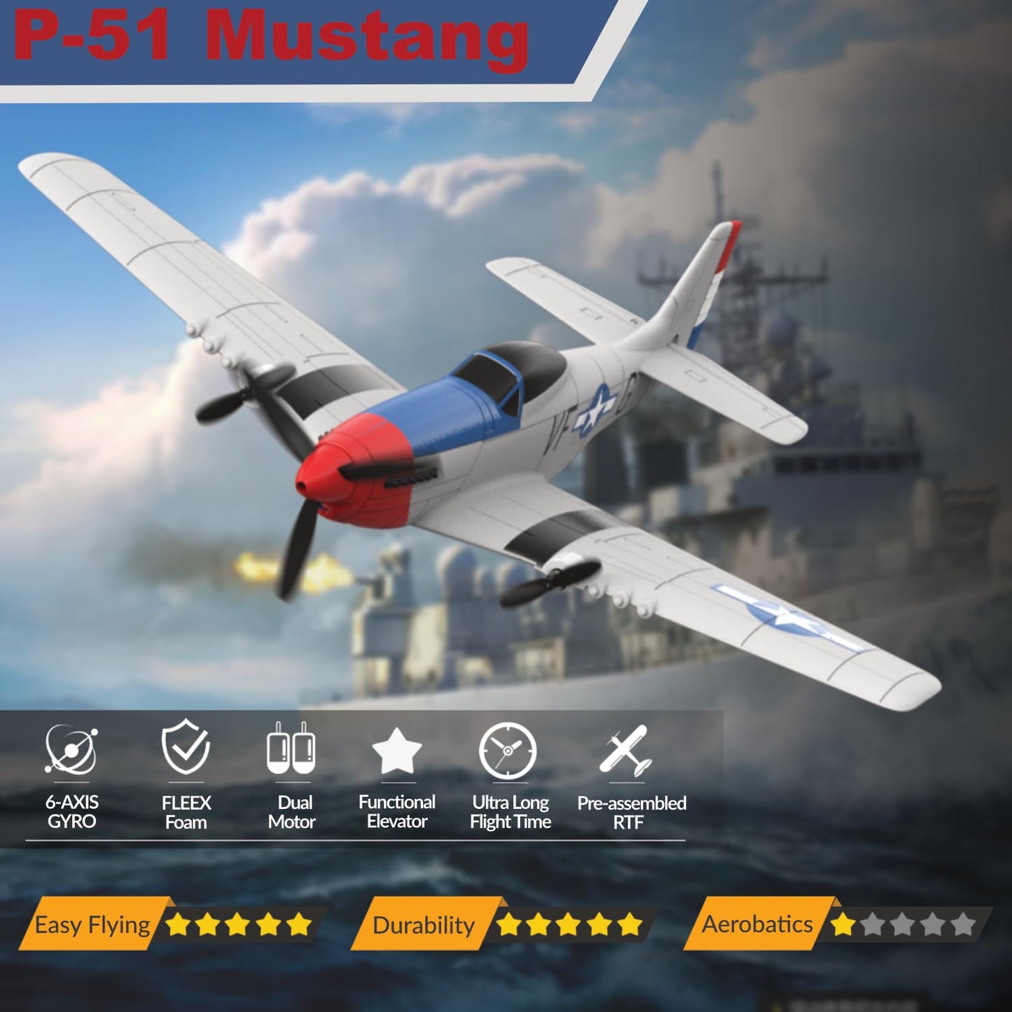 ANBURI RC Plane for Beginners, P51 Remote Control Airplane for Adults, 2.4GHz 3 Channel Fighter Featuring 6 Axis Gyro Stabilizer, Easy to Fly