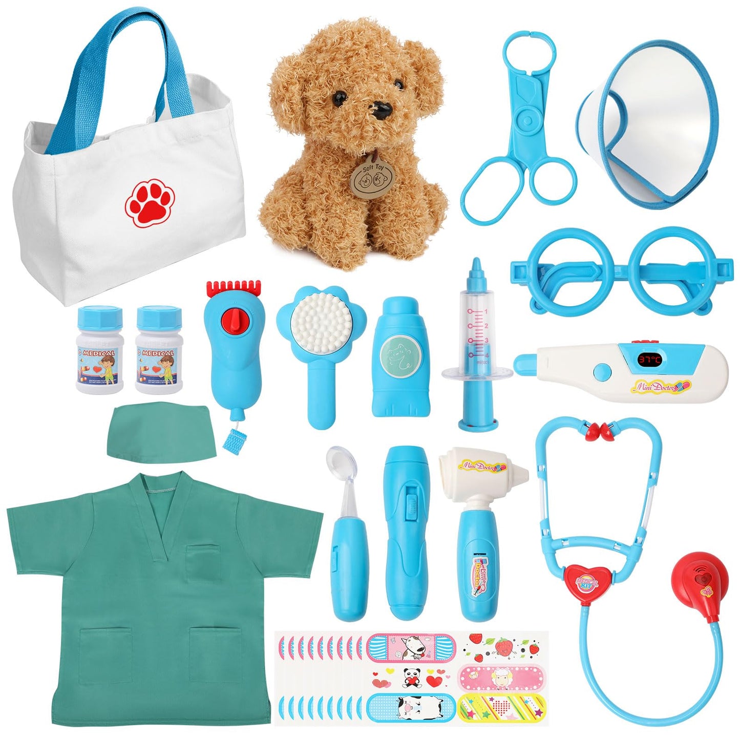 Liberry Doctor Kit for Toddlers 3 4 5 6 Years Old, 28 Pcs Kids Doctor Playset with Dog Toy, Stethoscope and Dress Up Costume, Pretend Play Medical Christmas Gift for Boys Girls (Blue)