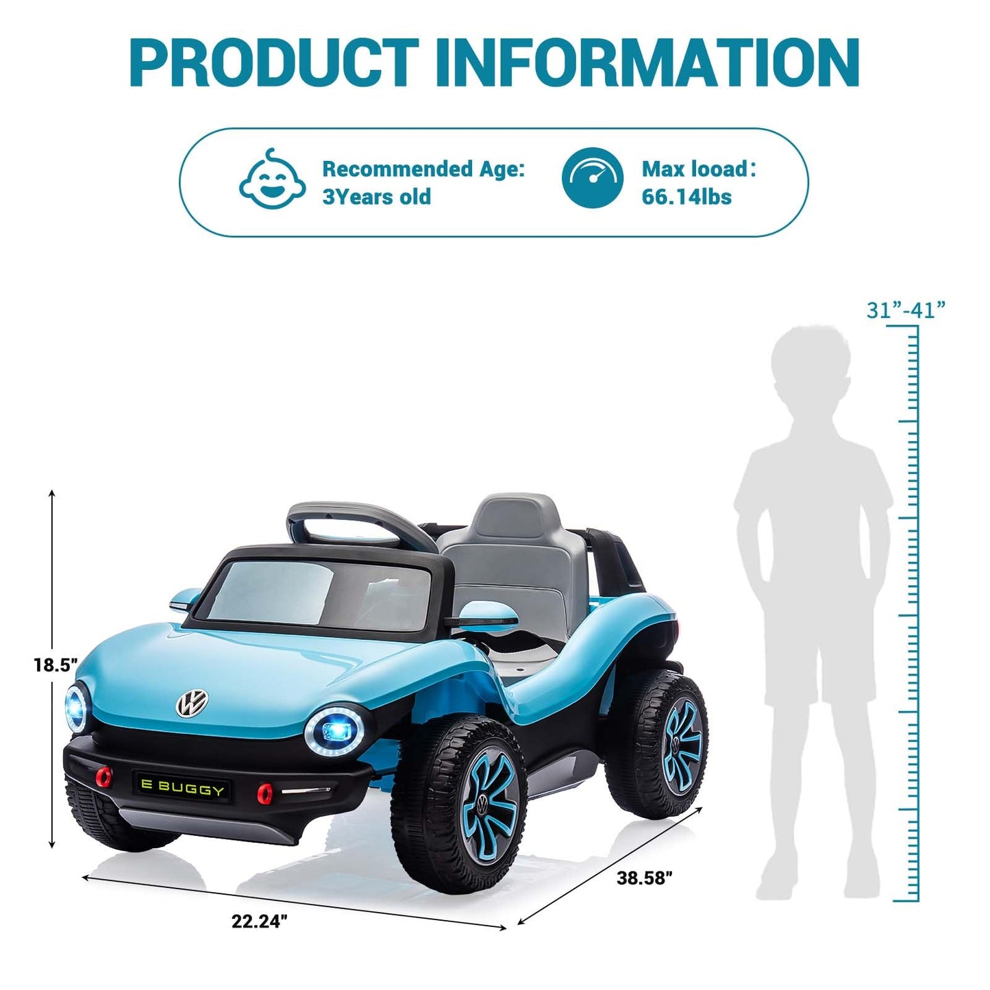 GarveeLife 12V Kids Ride On Car Licensed Volkswagen Beetle Electric Ride On Toy for Toddlers 4 Wheeler Vehicle with Parental Remote, Battery Level Display, LED Lights, USB, Horn, Music, Blue