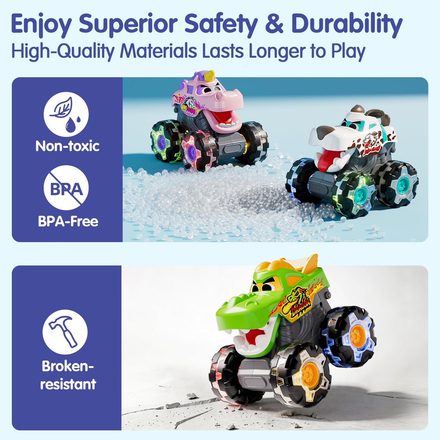 HOLA 3 Pack Monster Truck Toys, Push & Go Friction-Powered Light Up Cars with Color Changing LED Wheels for Kids Toddlers 1-5, Toys for 1 2 3 4 5 Years Old Boys Girls Christmas Birthady Gifts