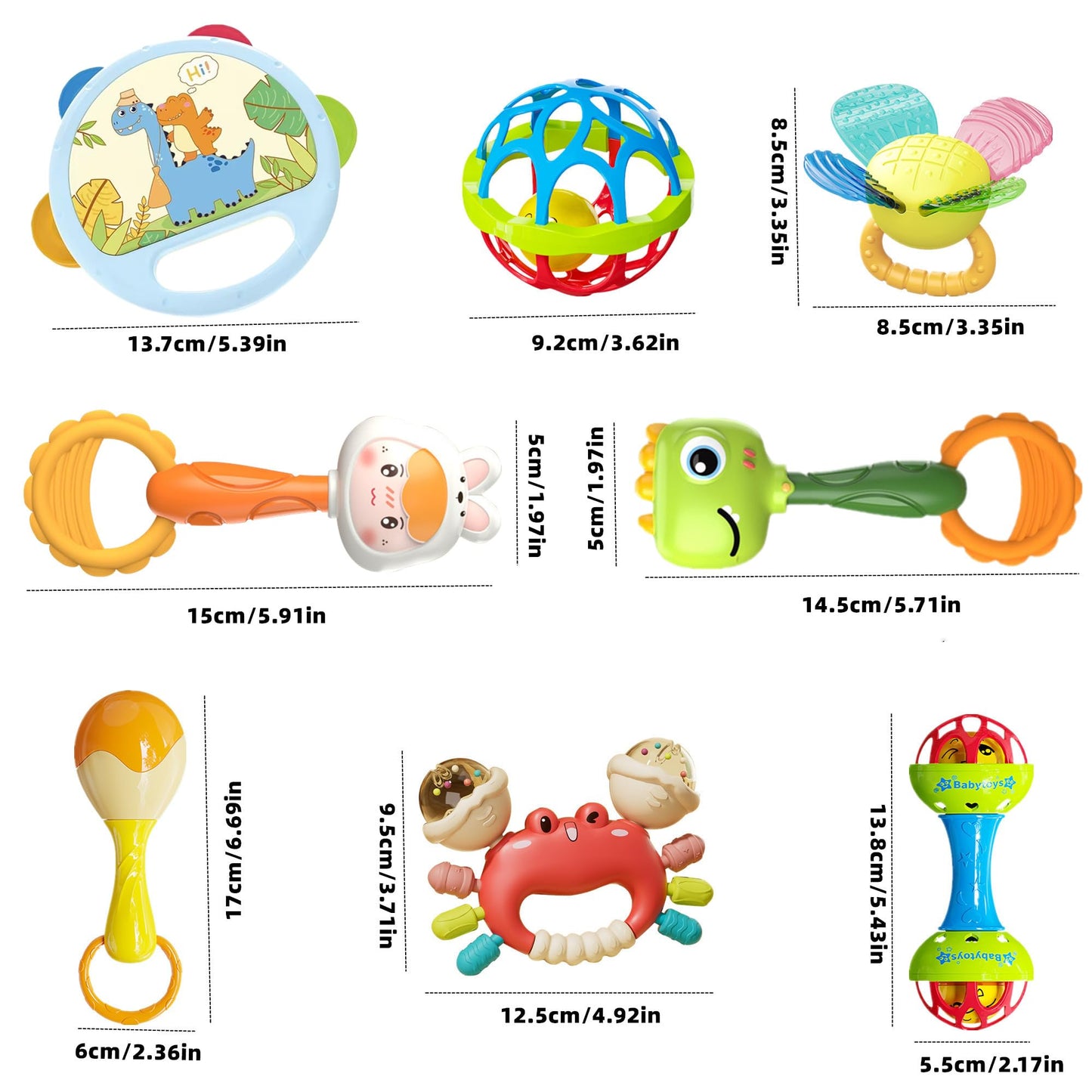 HAOHAOSHUA 8pcs Baby Rattles Toys Set for 3+ Months,Easy-Grasp Ball,Plastic Ringdrum,Barbell Rattles,Shakers and Teethers,BPA-Free,Lightweight,Unisex,Baby Gift