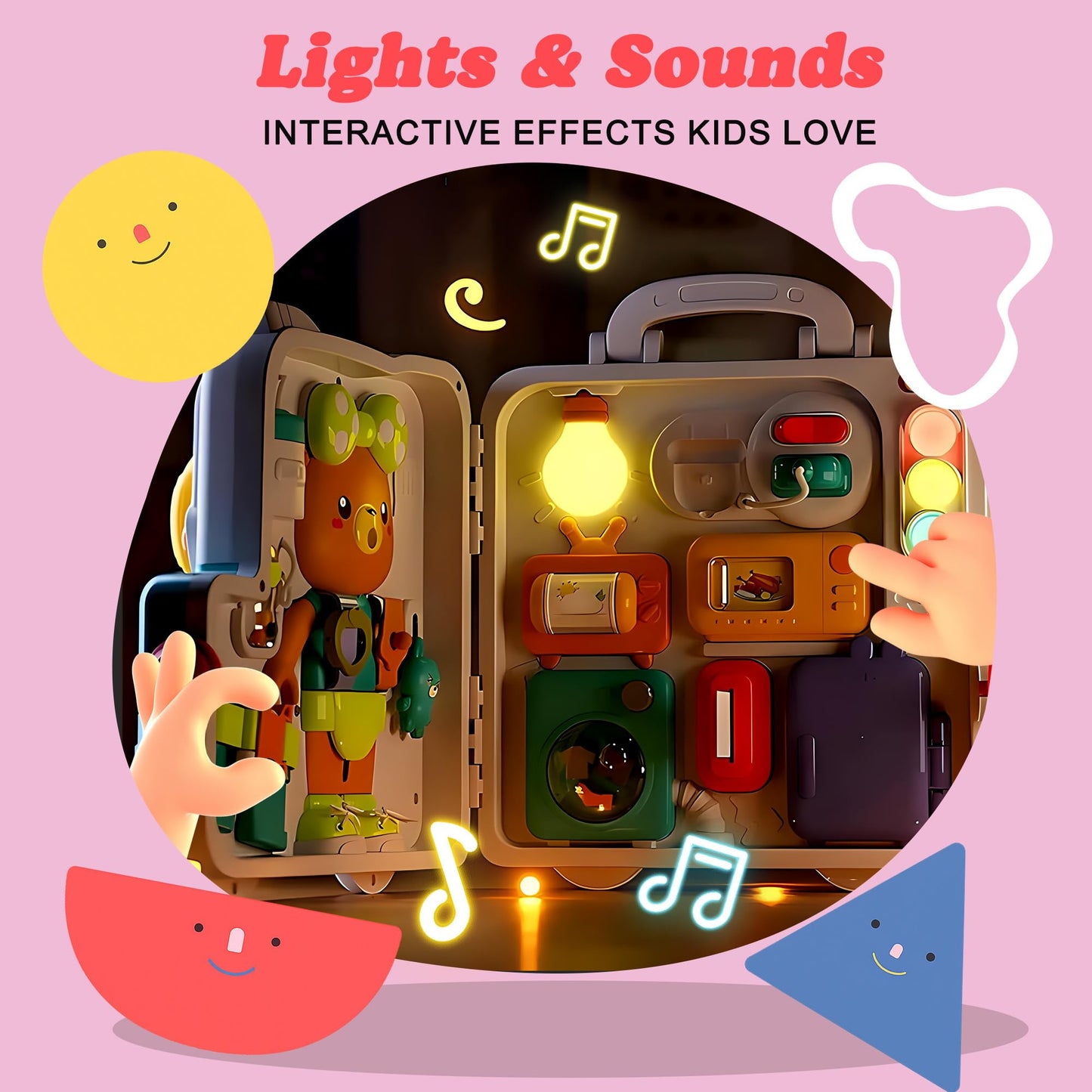 ROHSCE Montessori Busy Board for Toddlers 1-3, Baby Educational Activity Board with Lights & Music, Sensory Toys for Fine Motor Skills, Travel Toys for Airplane Cars, Gift for Boys Girls