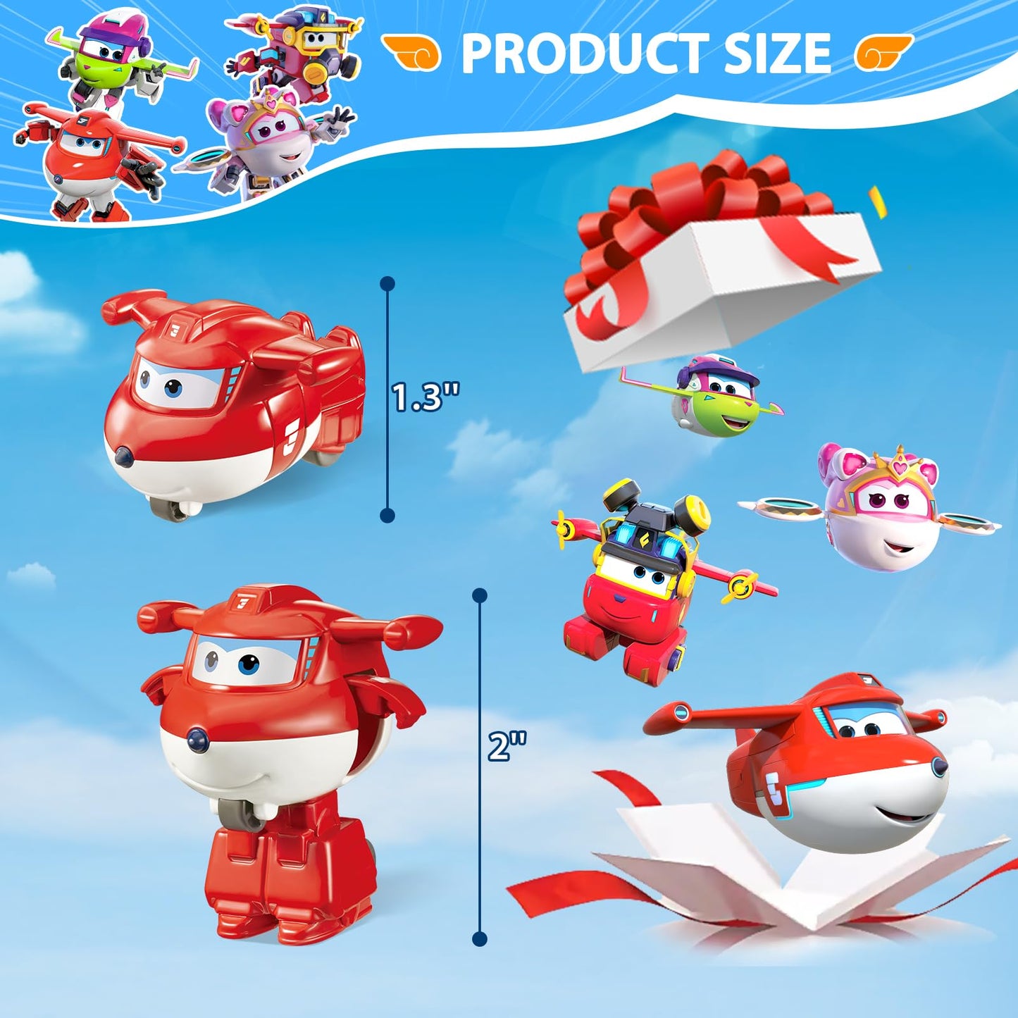 Super Wings 2" Transform-a-Bots 4-Pack, Supercharged Jett, Curie, Runi, Sara, Airplane Toys Vehicle Mini Figures, Fun Toys for Kids, Transformable Toy for 3 4 5 Year Old Boys and Girls