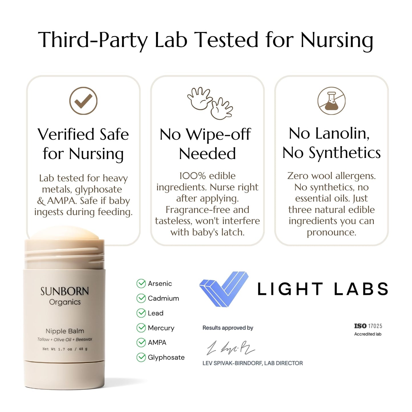 Sunborn Organics Nipple Balm | Nursing-Safe Lanolin-Free Nipple Cream with 3 Edible Ingredients for Sore or Cracked Nipples | Safe for Baby, No Wipe-Off, Third-Party Tested | Made in USA