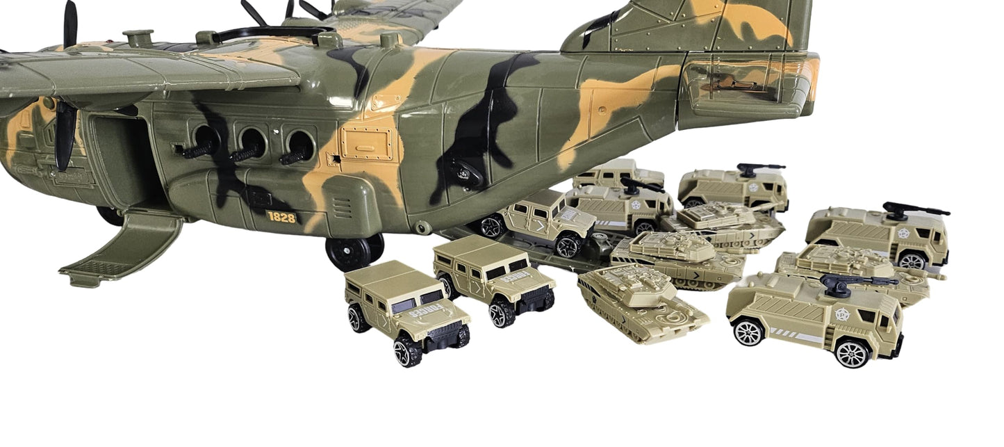 Toy Essentials Large Military 21-Inch Cargo Plane C130 Bomber Combat Air Force with Working Doors 20 Bombs and 12 Military Army Vehicles