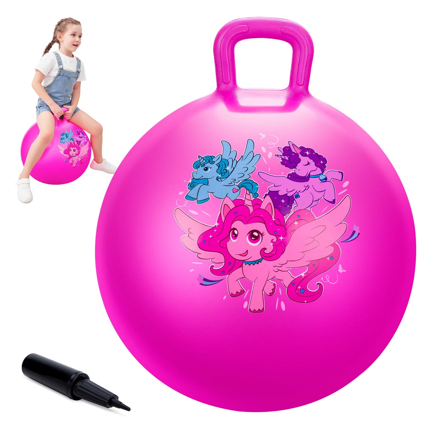ZOOJOY Hopper Ball for Kids, 18 Inch Bouncy Ball with Handle, Pink Unicorn Balance Girls Toys for Indoor Outdoor Acitve Play with Pump, Inflatable Birthday Gifts for Girls Boys 3-8 Yr Old
