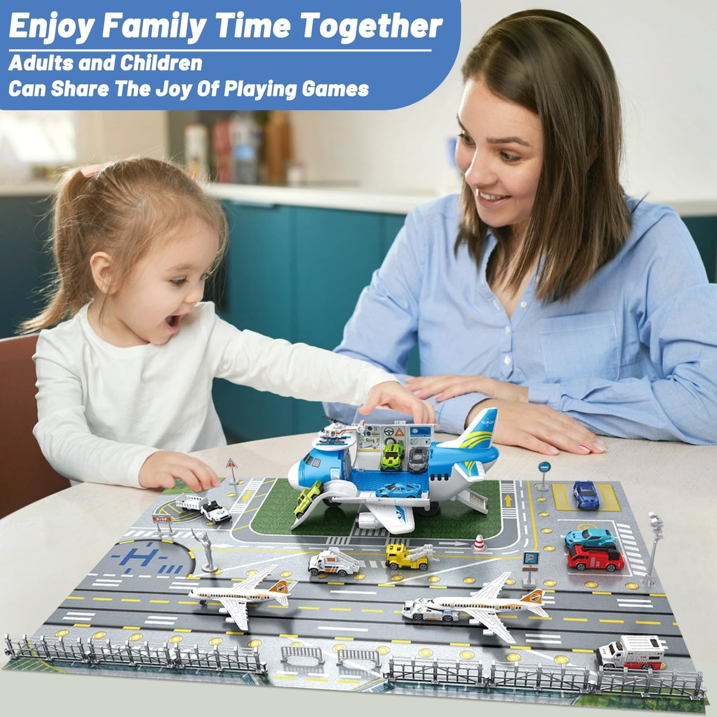 Airplane Toy Car Toy Set Airport Playmat with Helicopter, Truck, Plane, Sign Parking Lot Toy Set with Traffic Signs and Road Accessories Transport Airplane Scene Play Mat for Toddler Age 3+