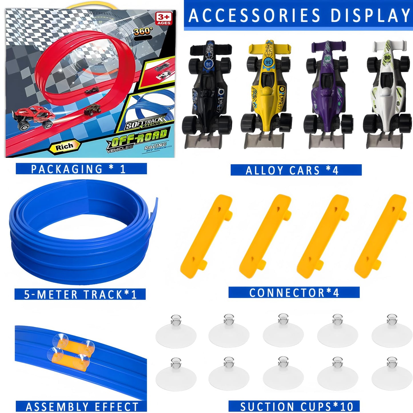 16Ft Flexible Race Car Track for Kids, Flex Track Toy with 4 Race Cars and Suction Cups, Compatible with Hot Wheels and 1/64th Cars, Rolls Up Portable Racetrack for Ages 345678