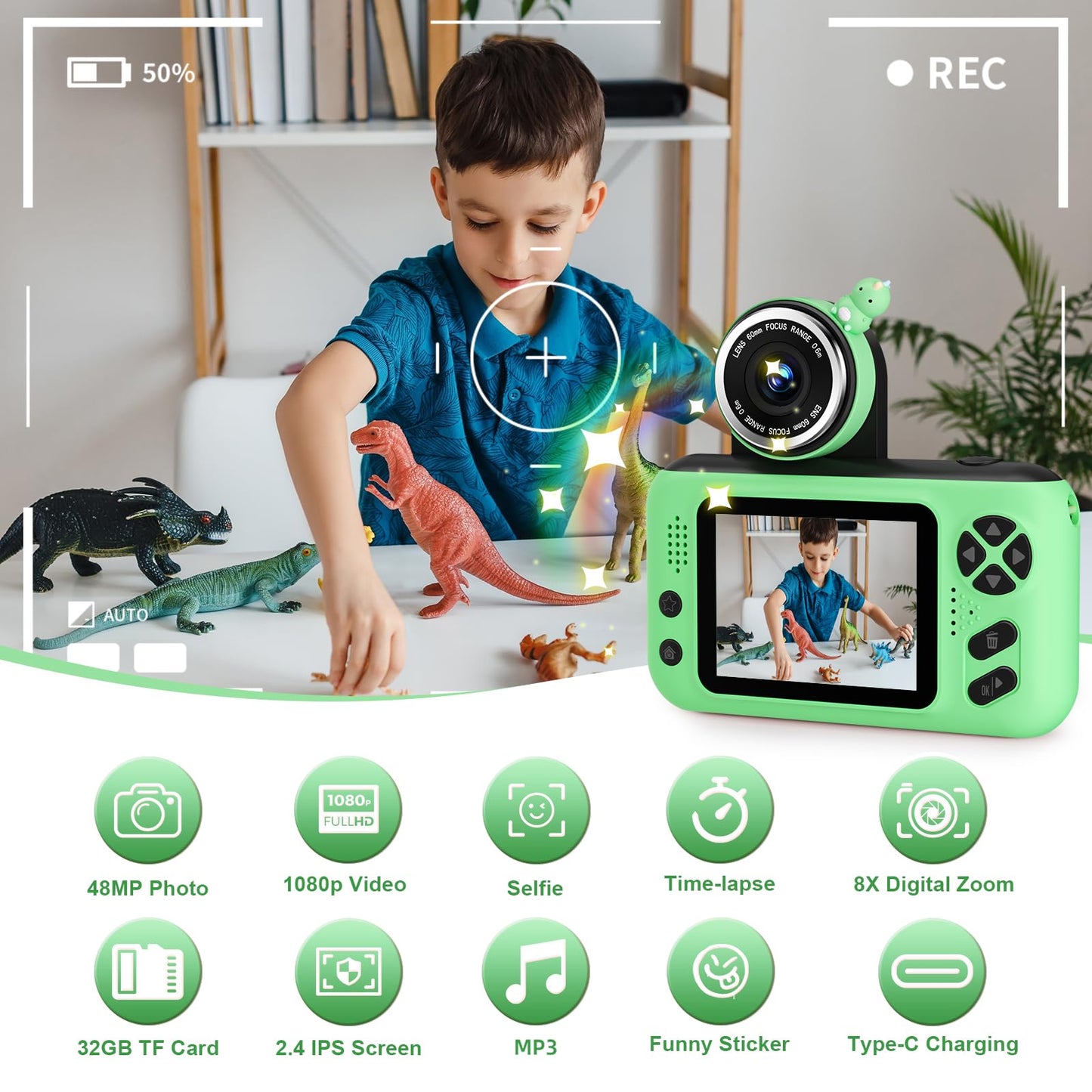 Makolle Kids Camera, Birthday Gifts for Boys and Girls Age 3-8,Video Recorder for Kids 8-12,Childrens Digital Camcorder for vlogging Portable Kids Selfie Camera with 32GB SD Card Green